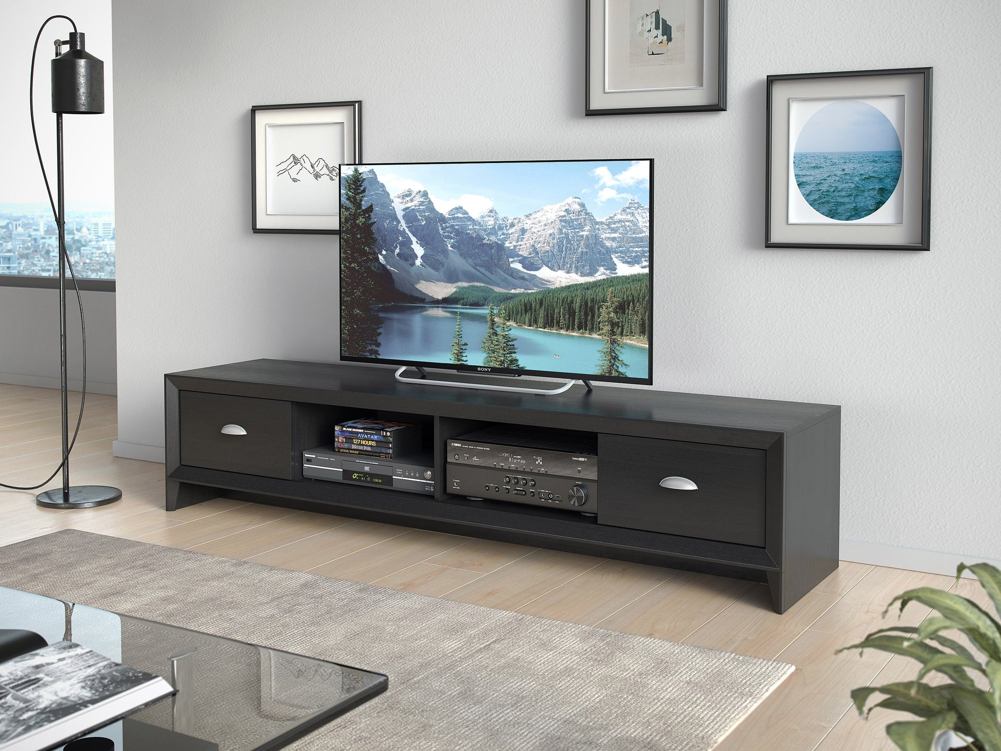 Black TV stand for TVs up to 85 inches, featuring sleek black finish, sturdy metal frame, tempered glass shelves, and cable management system. Ideal for modern living rooms and home theaters.