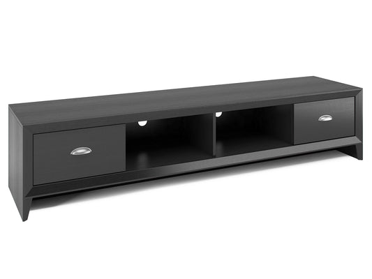 Black TV stand for TVs up to 85 inches, featuring sleek black finish, sturdy metal frame, tempered glass shelves, and cable management system. Ideal for modern living rooms and home theaters.