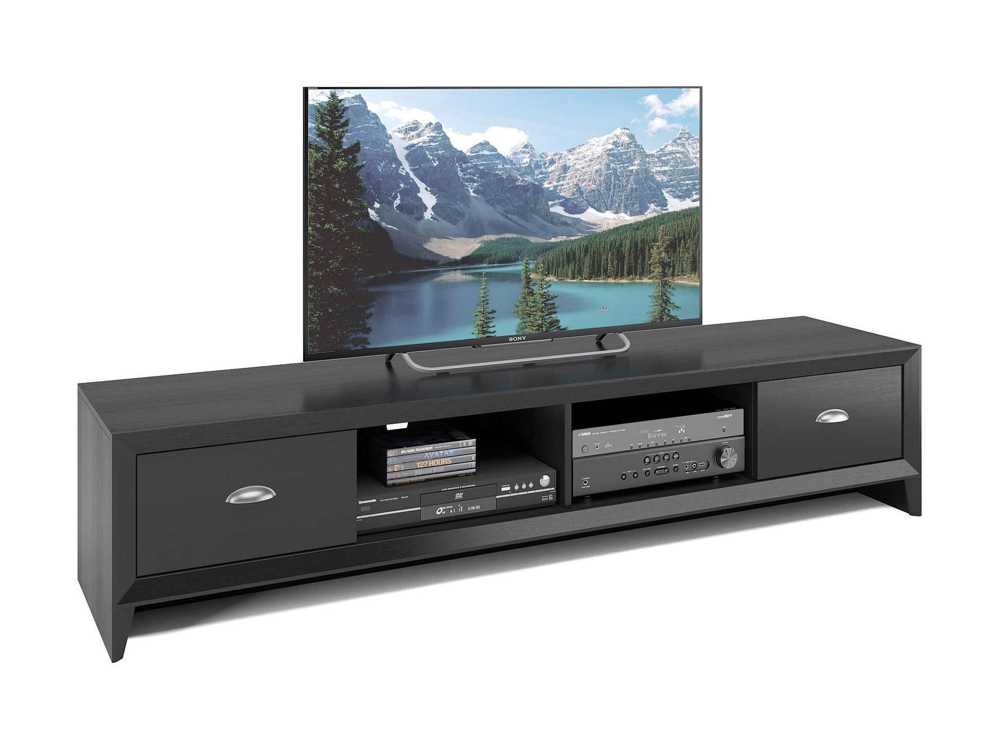 Black TV stand for TVs up to 85 inches, featuring sleek black finish, sturdy metal frame, tempered glass shelves, and cable management system. Ideal for modern living rooms and home theaters.