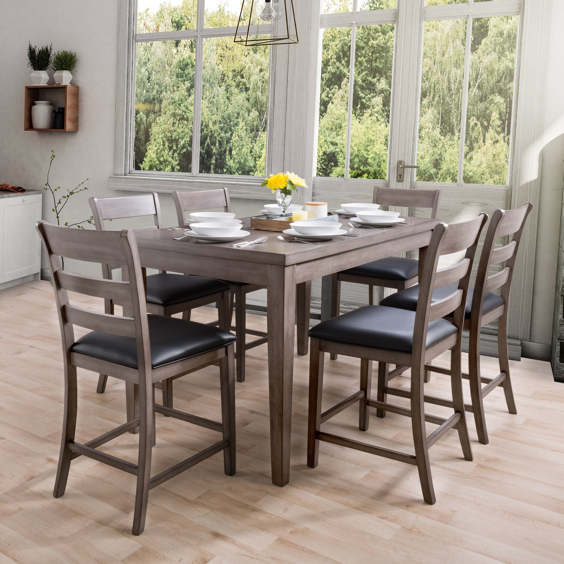 Set of 2 counter height dining chairs with cushioned seats, featuring a sleek black metal frame and light brown wooden backrest, perfect for modern kitchens or dining rooms.