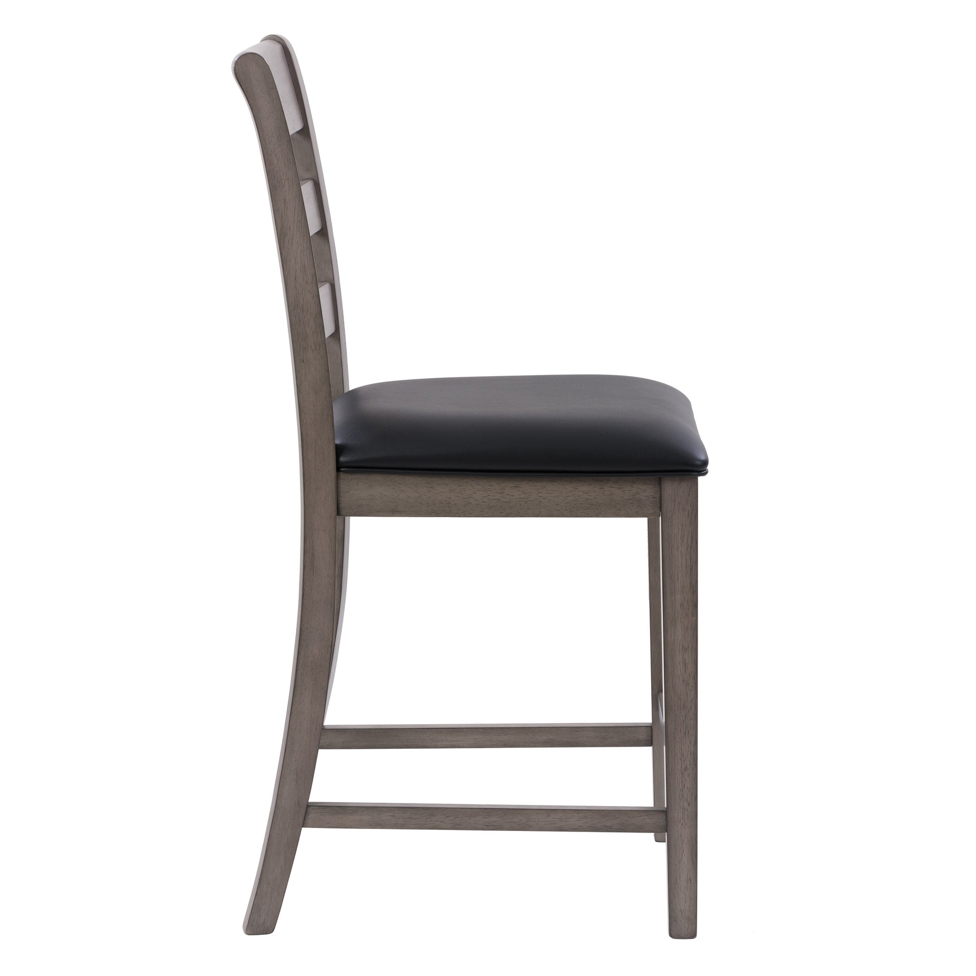 Gray upholstered counter height dining chairs with tufted backs, dark wooden legs, and footrests, set of 2.