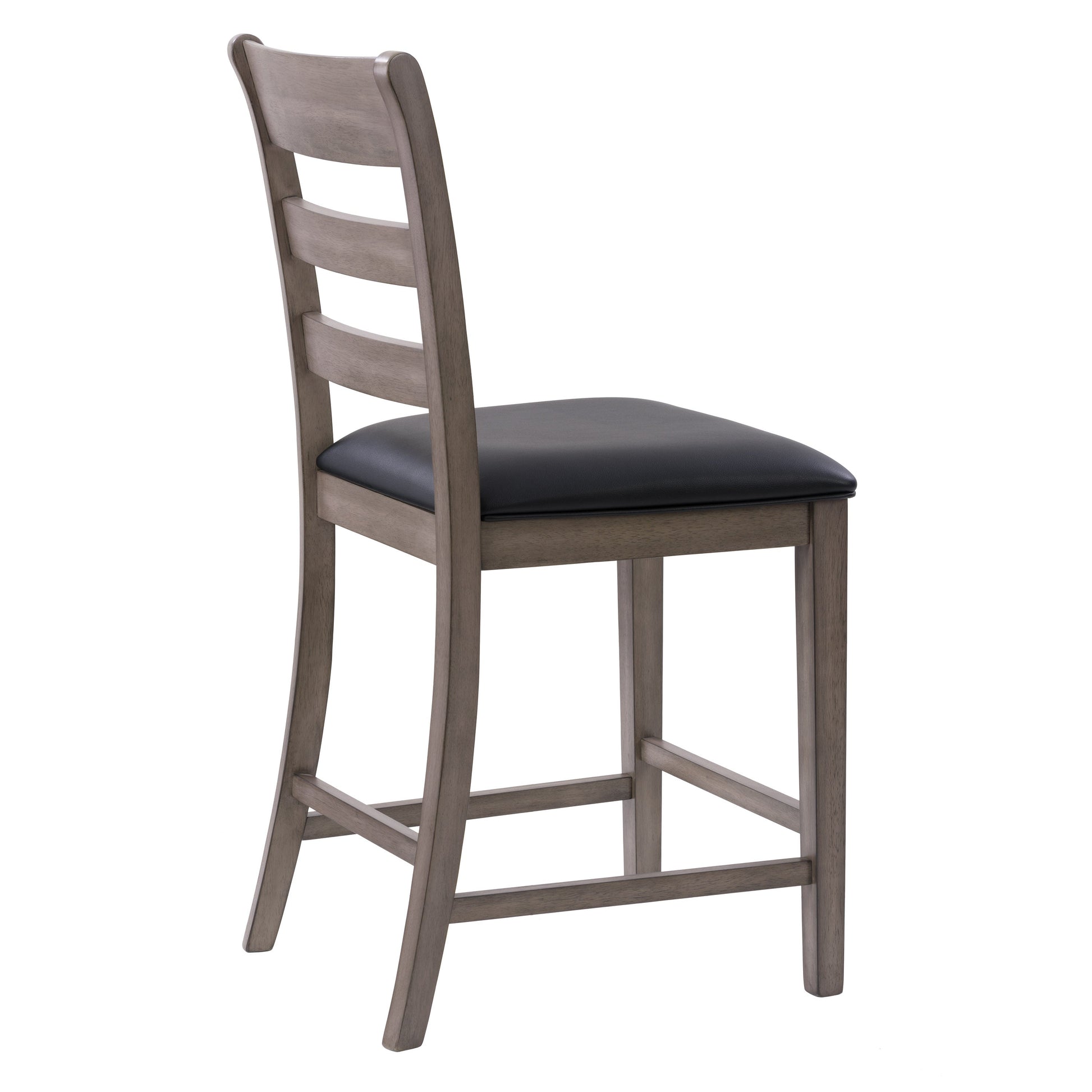 Set of 2 counter height dining chairs with light grey fabric upholstery, tufted backrests, and dark wooden legs. Ideal for modern dining rooms or kitchen counters.