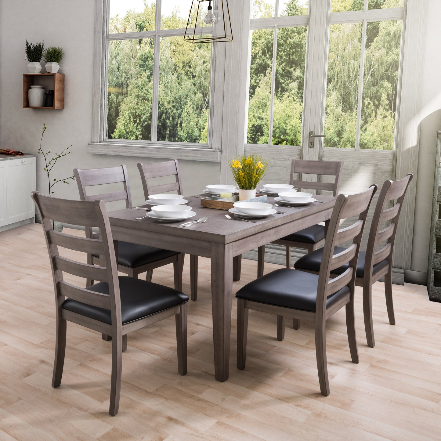 Modern rectangular wooden dining table with natural oak finish, sleek black metal legs, and a minimalist design, perfect for contemporary dining rooms.