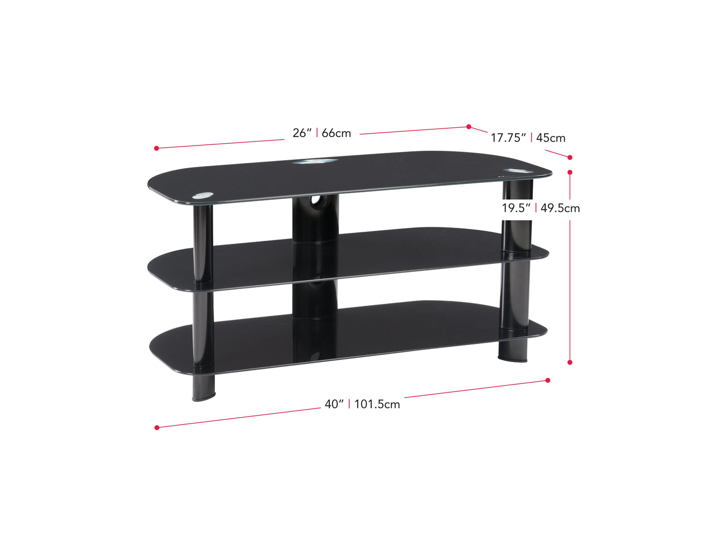 Black glass TV stand with silver metal legs, three-tiered shelves, and a sleek, modern design. Suitable for TVs up to 48 inches, ideal for contemporary living rooms or entertainment areas.