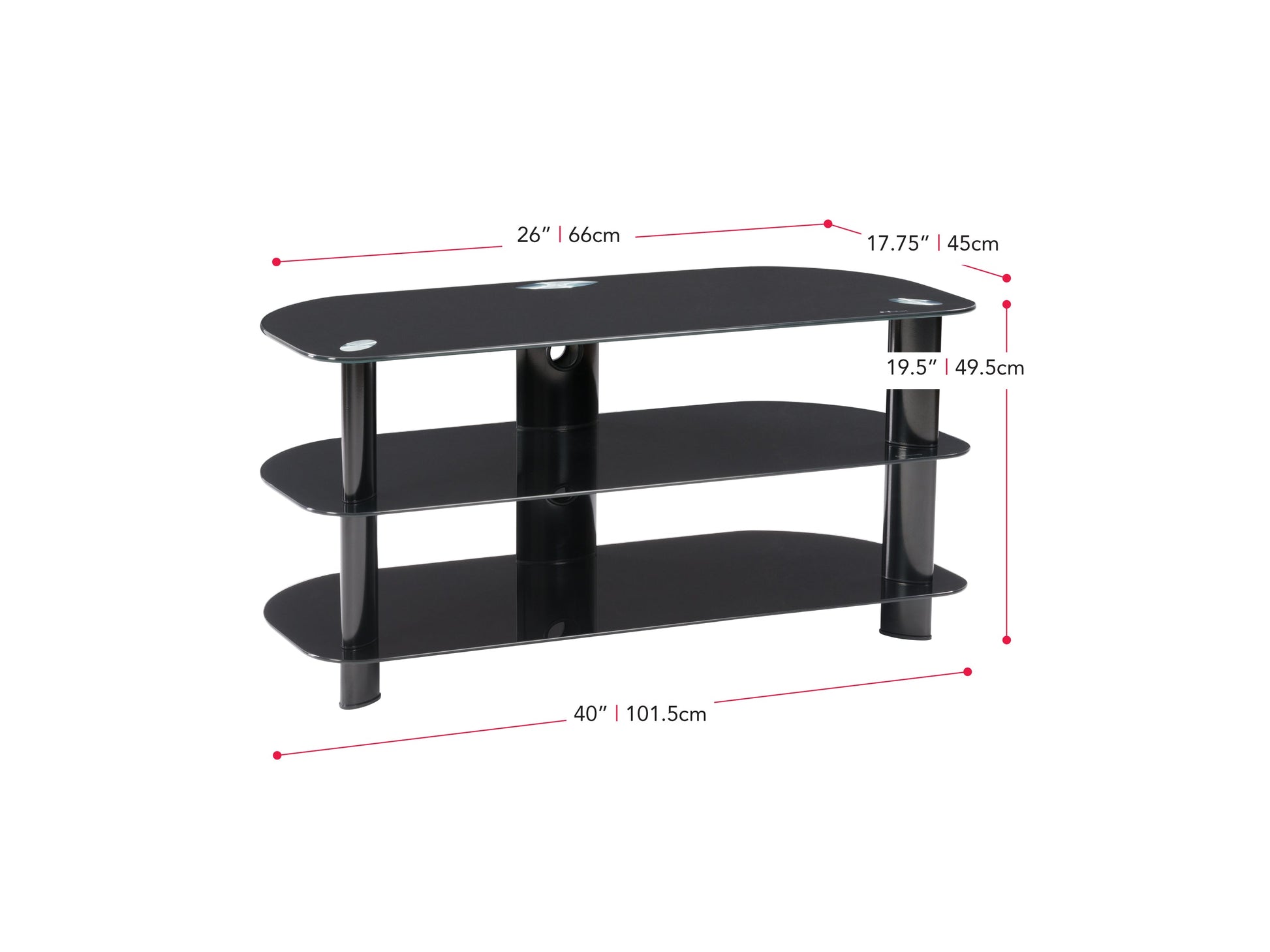 Black glass TV stand with silver metal legs, three-tiered shelves, and a sleek, modern design. Suitable for TVs up to 48 inches, ideal for contemporary living rooms or entertainment areas.