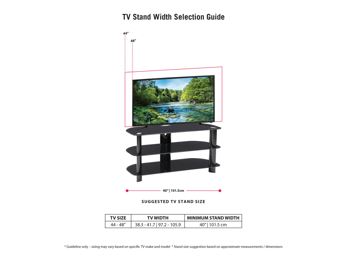 Black glass TV stand with chrome legs, three-tiered shelves for TVs up to 48 inches, sleek modern design, cable management system, sturdy construction, ideal for living rooms or entertainment areas.