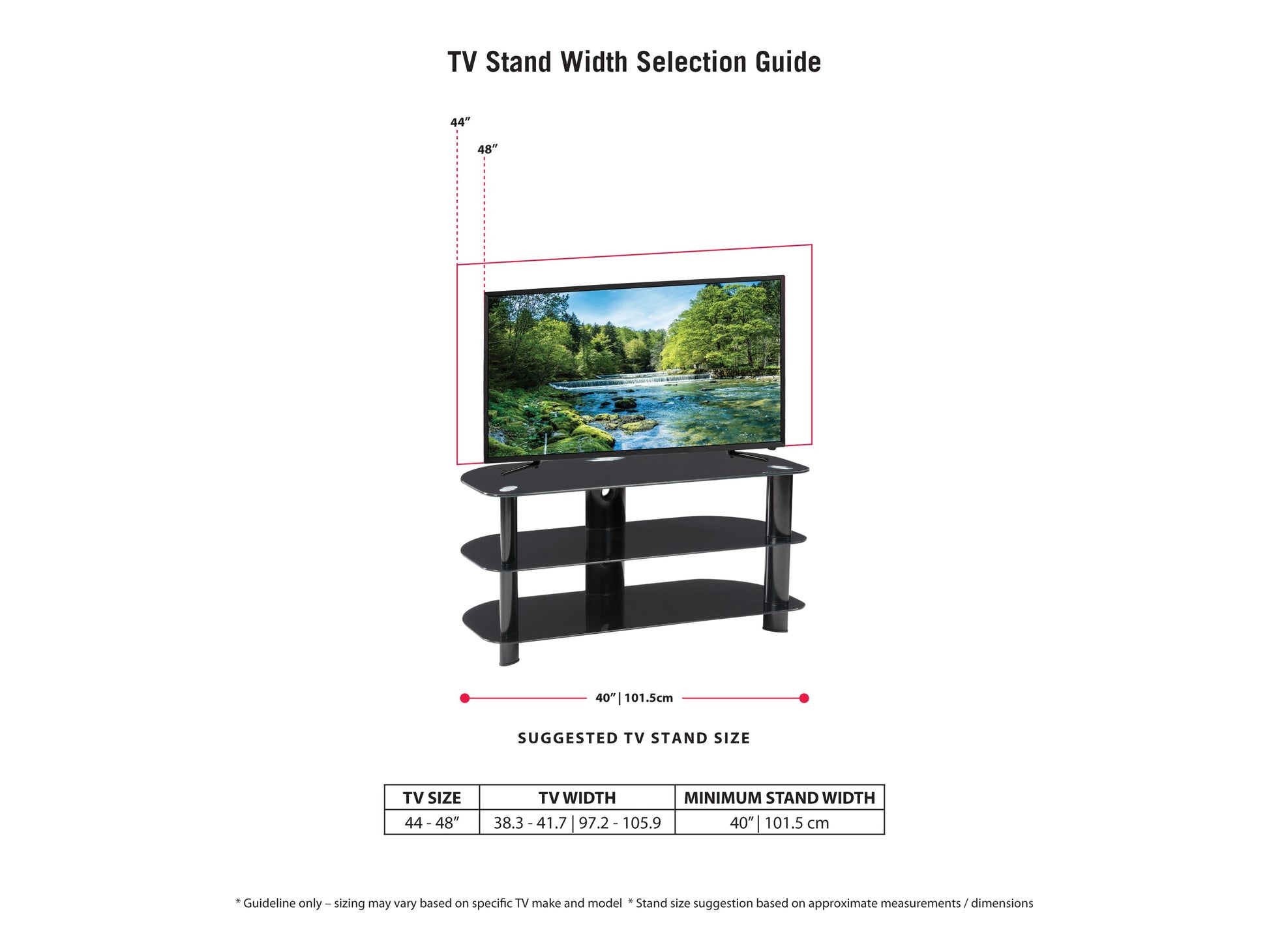 Black glass TV stand with chrome legs, three-tiered shelves for TVs up to 48 inches, sleek modern design, cable management system, sturdy construction, ideal for living rooms or entertainment areas.