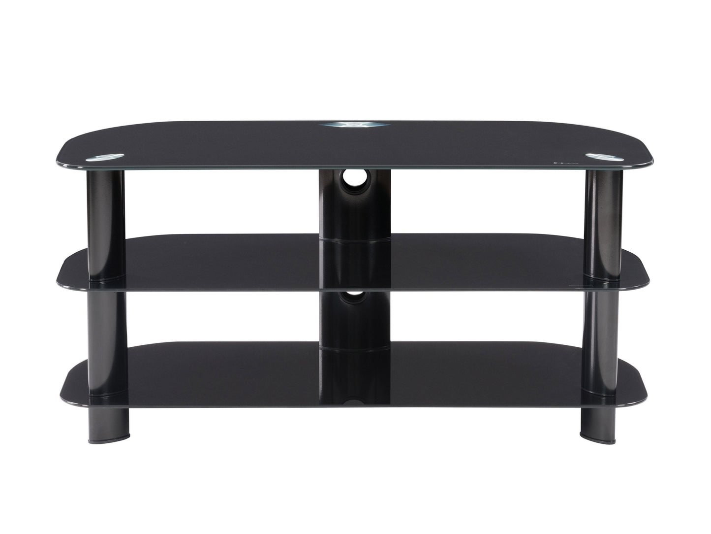 Black glass TV stand with chrome legs, three-tier design, fits TVs up to 48 inches, sleek modern style, ideal for living rooms and entertainment spaces.