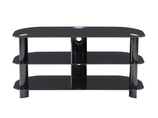 Black glass TV stand with chrome legs, three-tier design, fits TVs up to 48 inches, sleek modern style, ideal for living rooms and entertainment spaces.