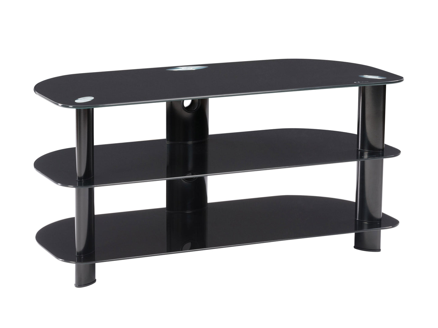 Black glass TV stand with sleek metal frame, three-tier shelving, and cable management system, suitable for TVs up to 48 inches. Modern design with durable tempered glass shelves and sturdy construction.