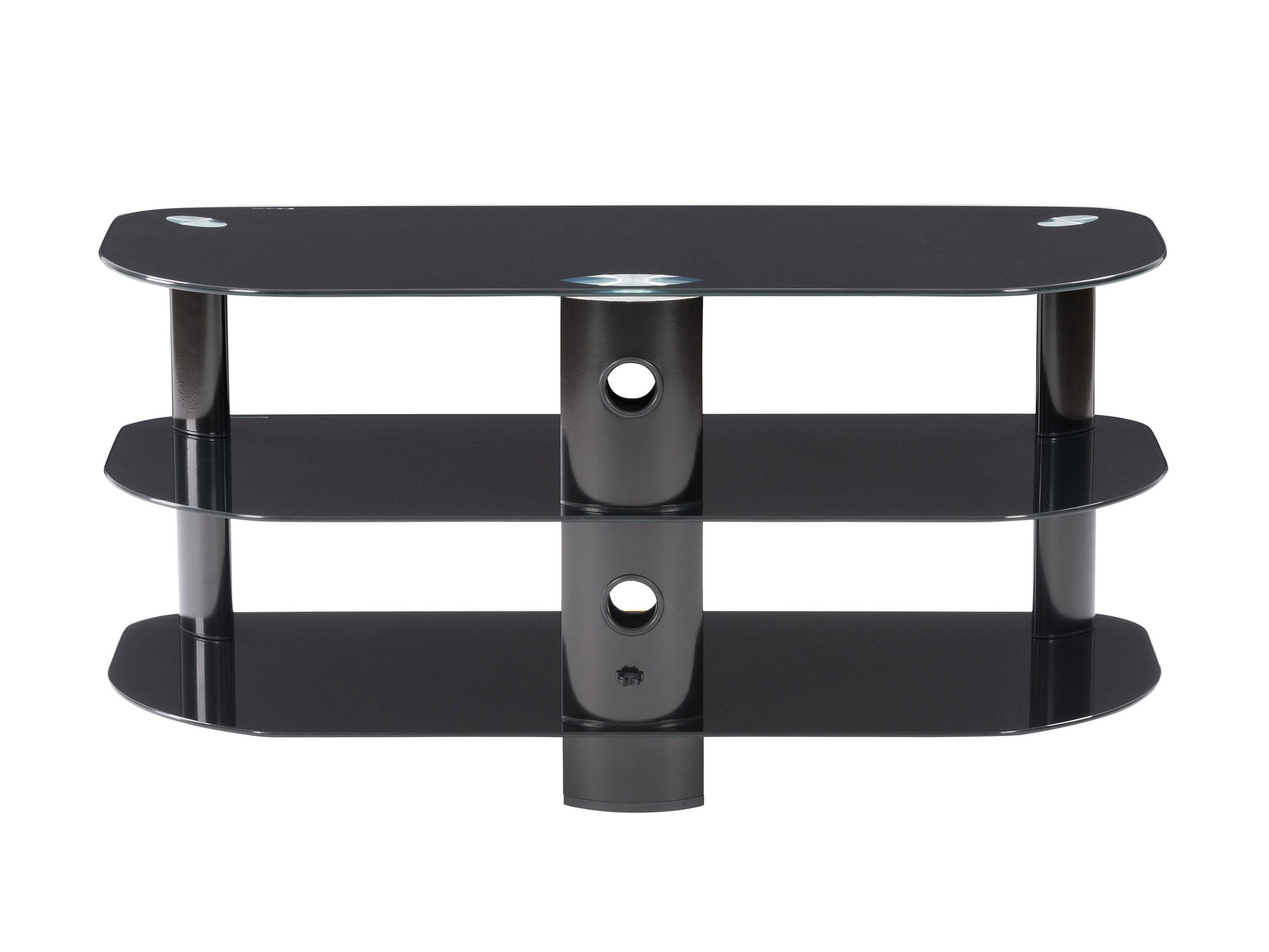 Sleek black glass TV stand with three tempered glass shelves and metal frame, suitable for TVs up to 48 inches, offering modern design and sturdy support for home entertainment systems.