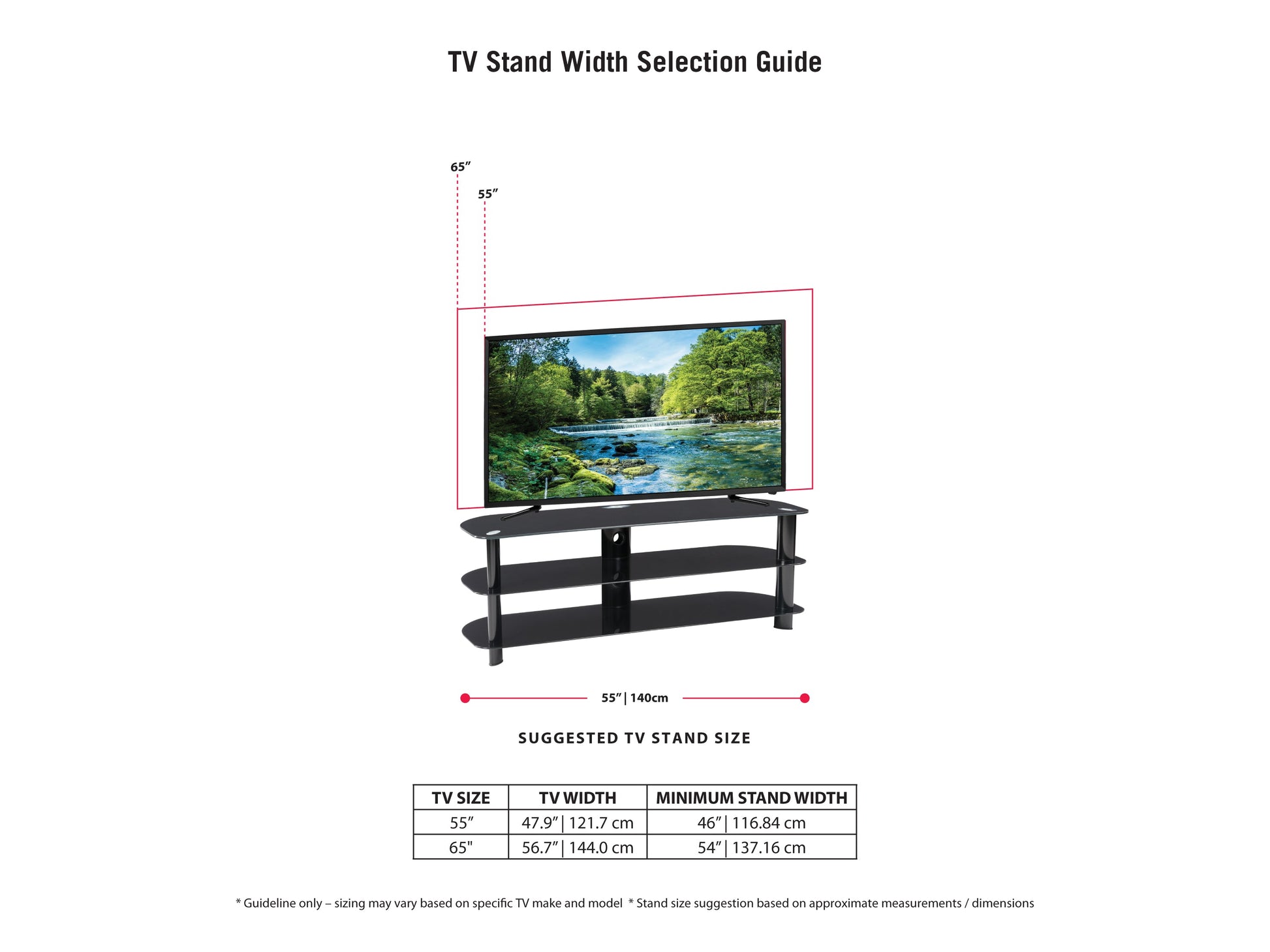 Black and glass TV stand with three tempered glass shelves, sleek chrome legs, and cable management system, designed to support TVs up to 65 inches.
