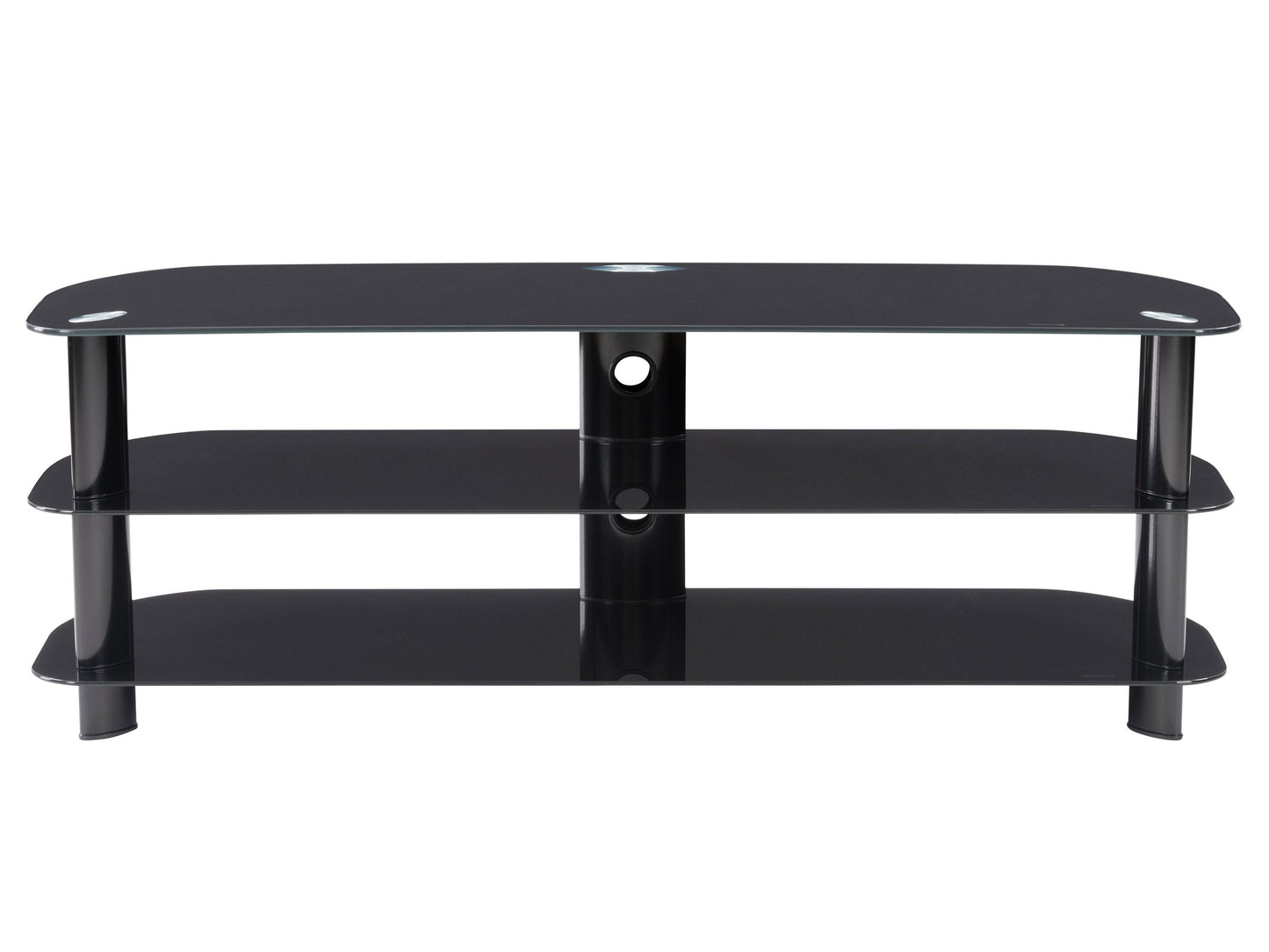 Black glass TV stand with sleek metal frame, three tempered glass shelves, and cable management system, suitable for TVs up to 65 inches. Modern design with sturdy construction and minimalist appeal.