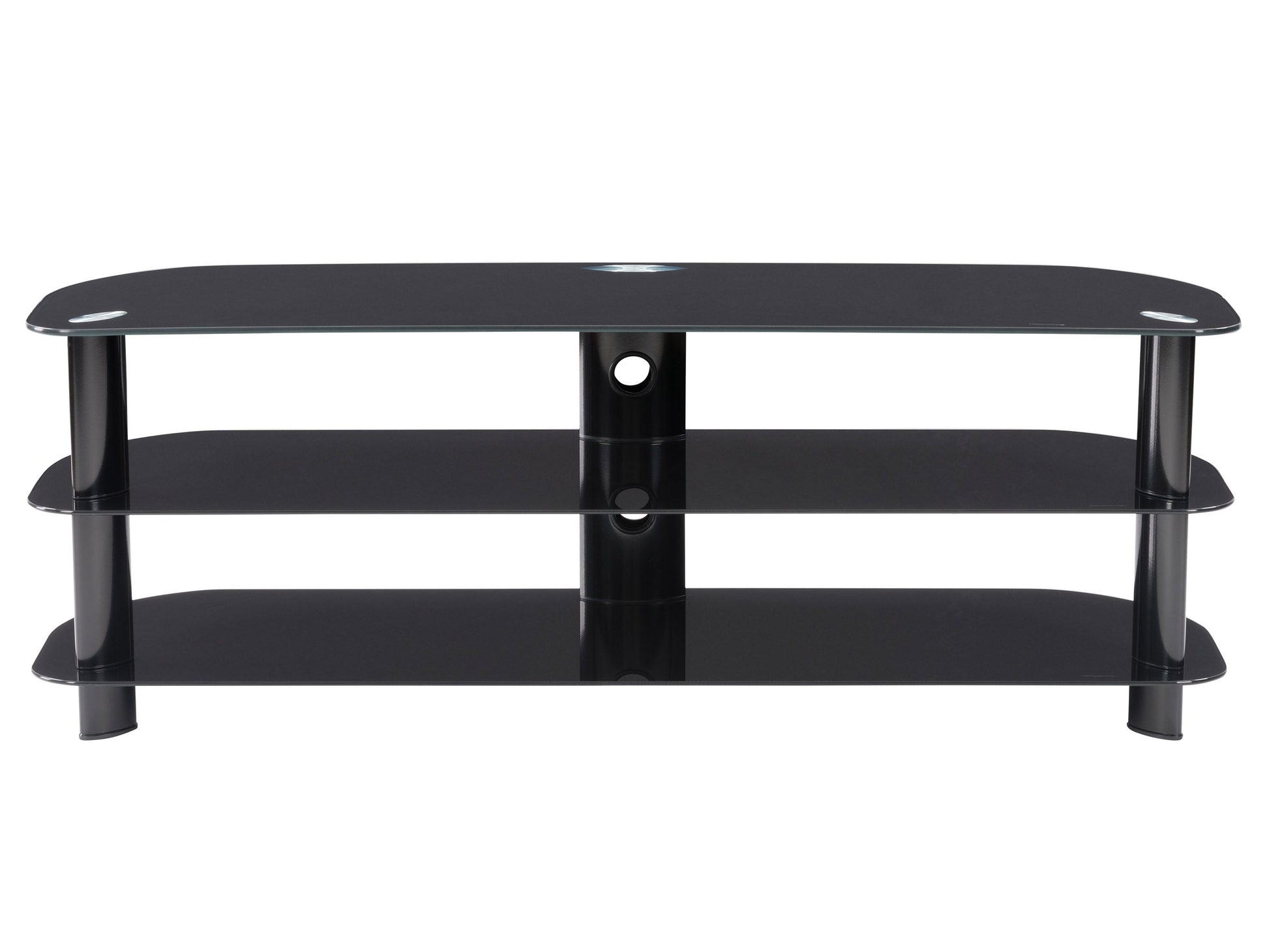 Black glass TV stand with sleek metal frame, three tempered glass shelves, and cable management system, suitable for TVs up to 65 inches. Modern design with sturdy construction and minimalist appeal.