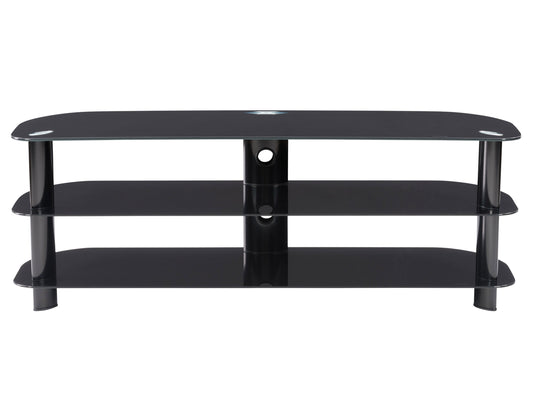 Black glass TV stand with sleek metal frame, three tempered glass shelves, and cable management system, suitable for TVs up to 65 inches. Modern design with sturdy construction and minimalist appeal.