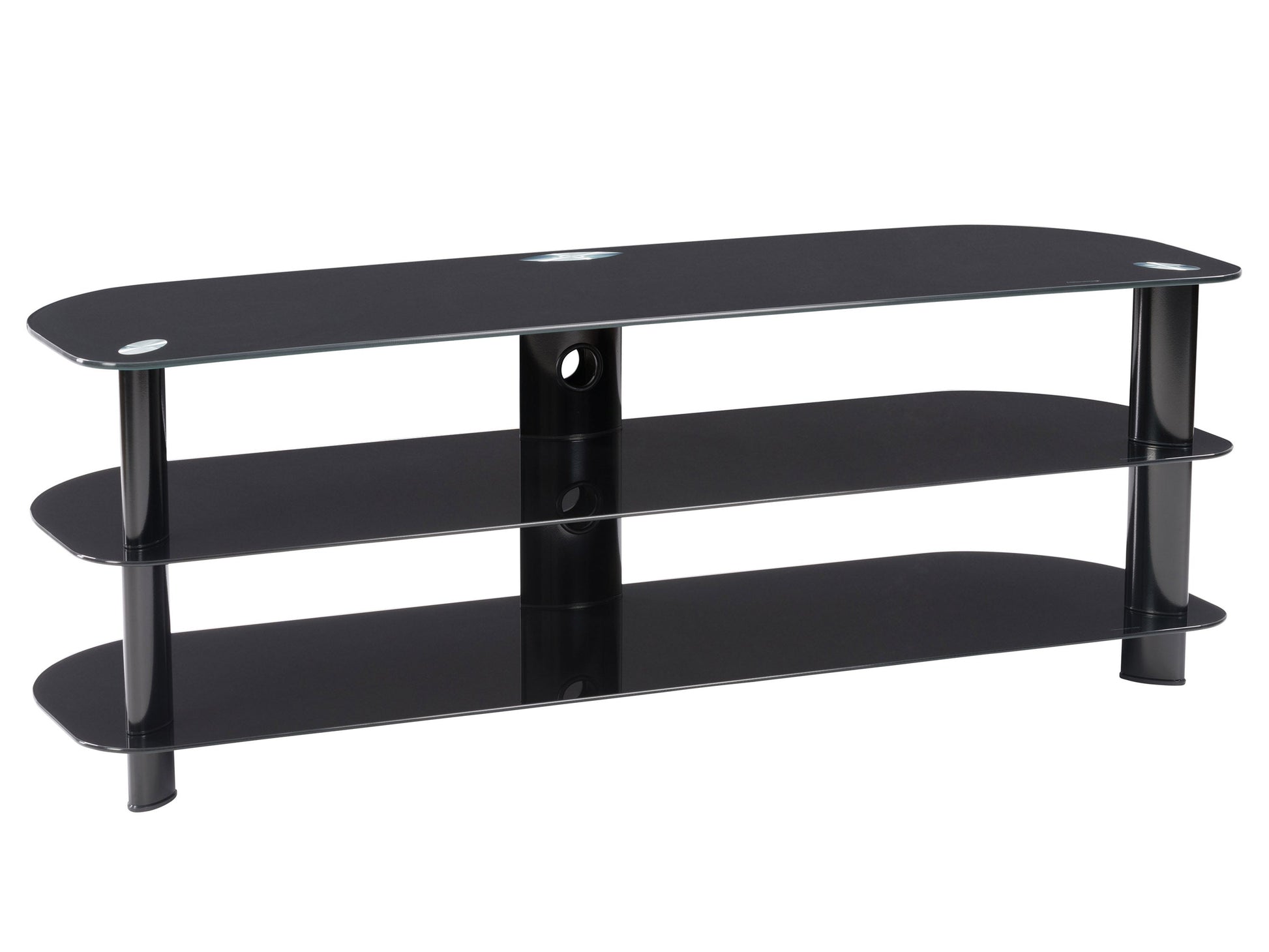 Glass TV stand for TVs up to 65 inches, featuring a sleek black metal frame, tempered glass shelves, and cable management system for a modern and organized entertainment setup.