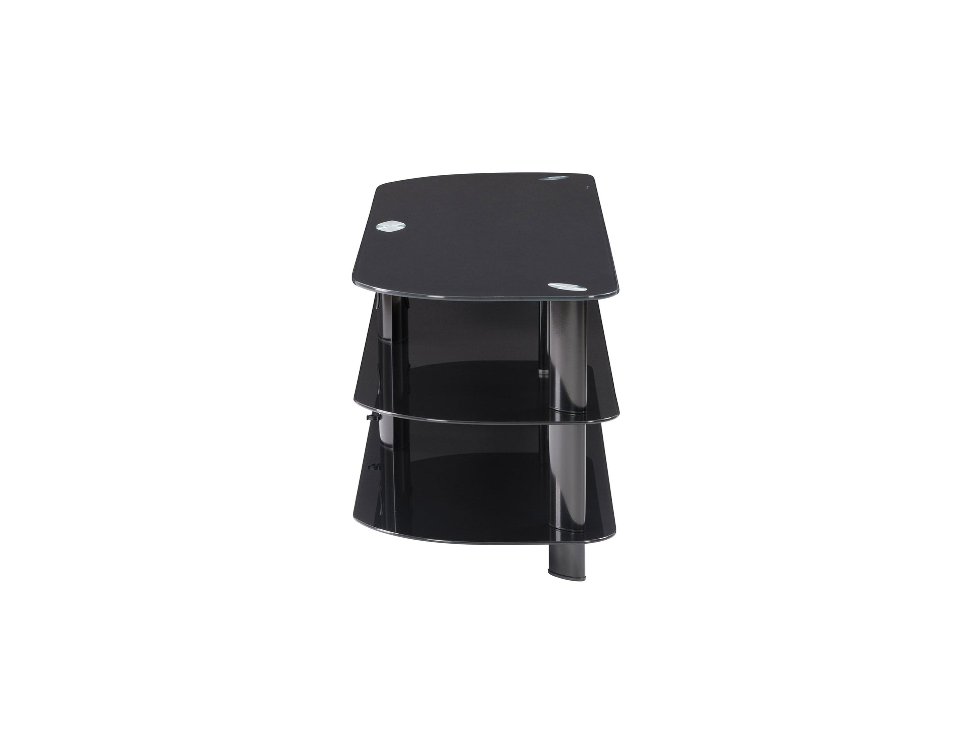 Modern glass TV stand for TVs up to 65 inches, featuring sleek tempered glass shelves, black metal frame, and chrome accents, ideal for contemporary living rooms and media centers.