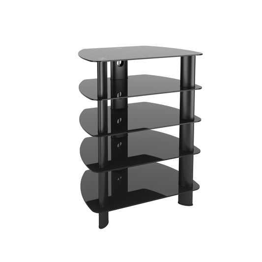 Tall wooden media storage tower in rich cherry finish with multiple adjustable shelves, sleek black trim, and a sturdy base, ideal for organizing DVDs, books, and collectibles in a modern living room.