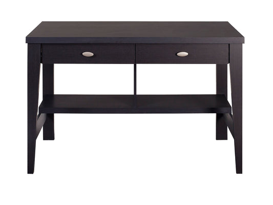 Dark wood desk with sleek design, featuring a smooth rectangular surface, sturdy metal legs, and a minimalist style. Ideal for home office or study, blending functionality and modern aesthetics.