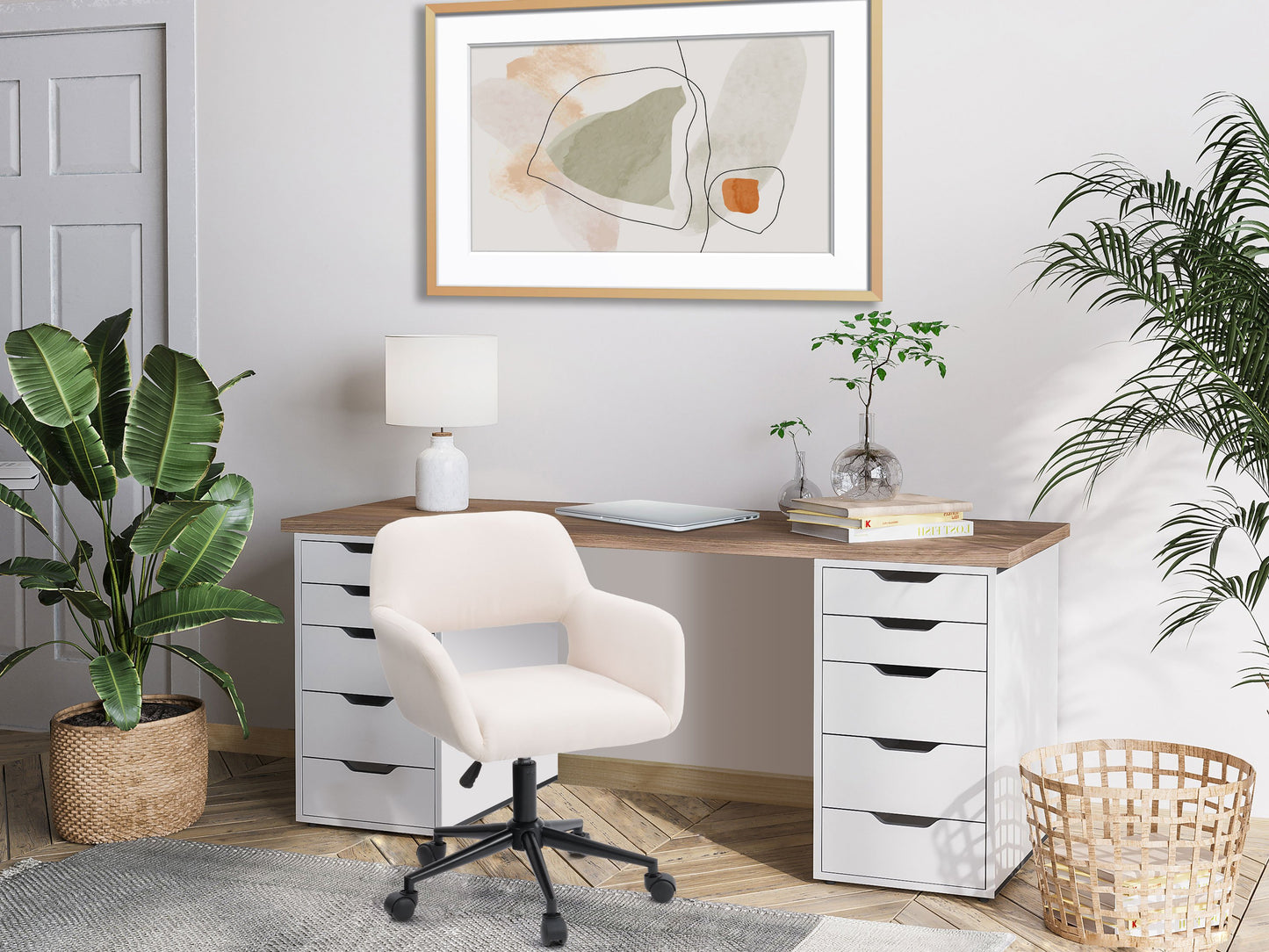 Alt Tag: Off-white task chair with open back, ergonomic design, cushioned seat, and adjustable height, perfect for office use.