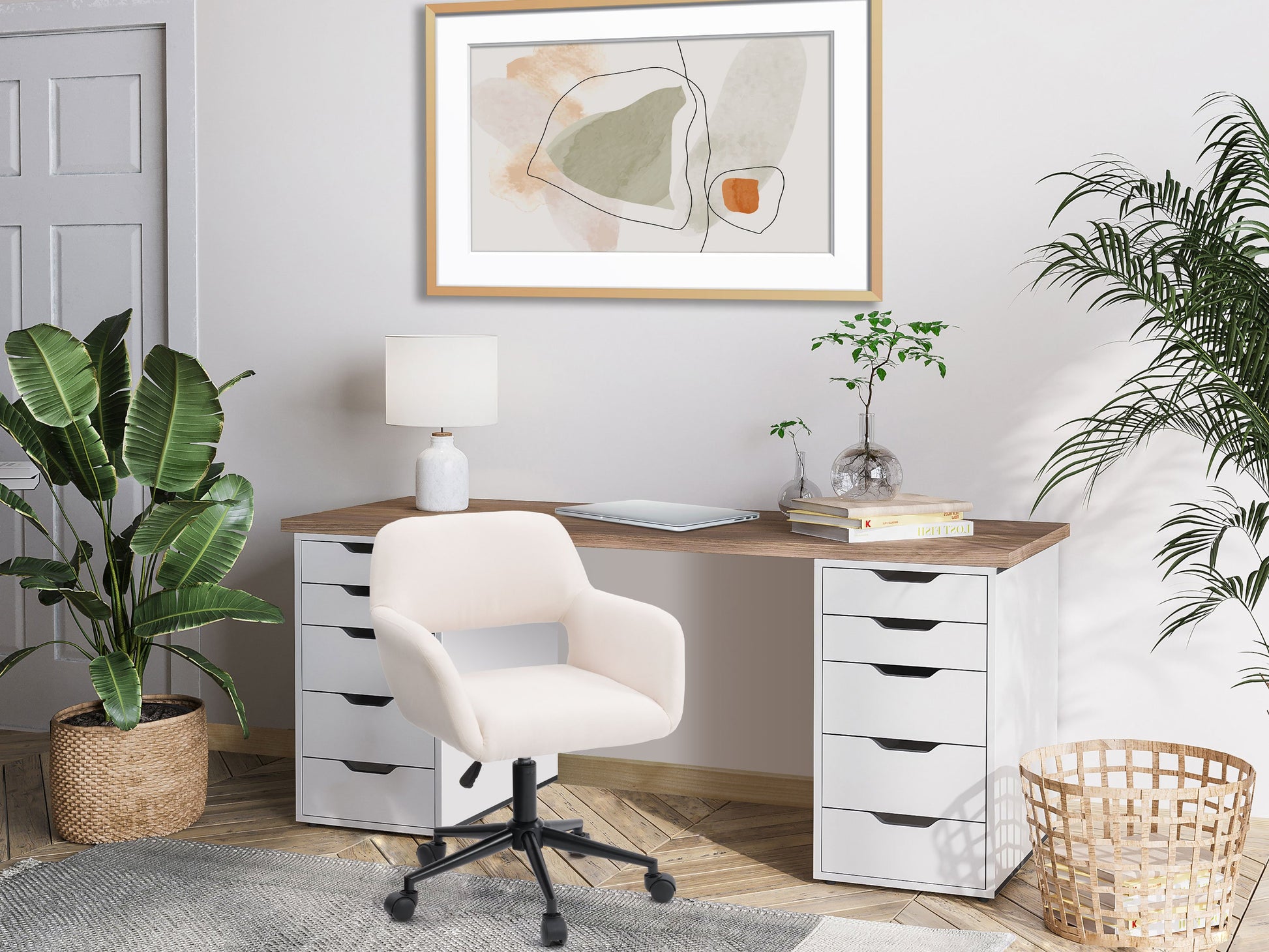 Alt Tag: Off-white task chair with open back, ergonomic design, cushioned seat, and adjustable height, perfect for office use.