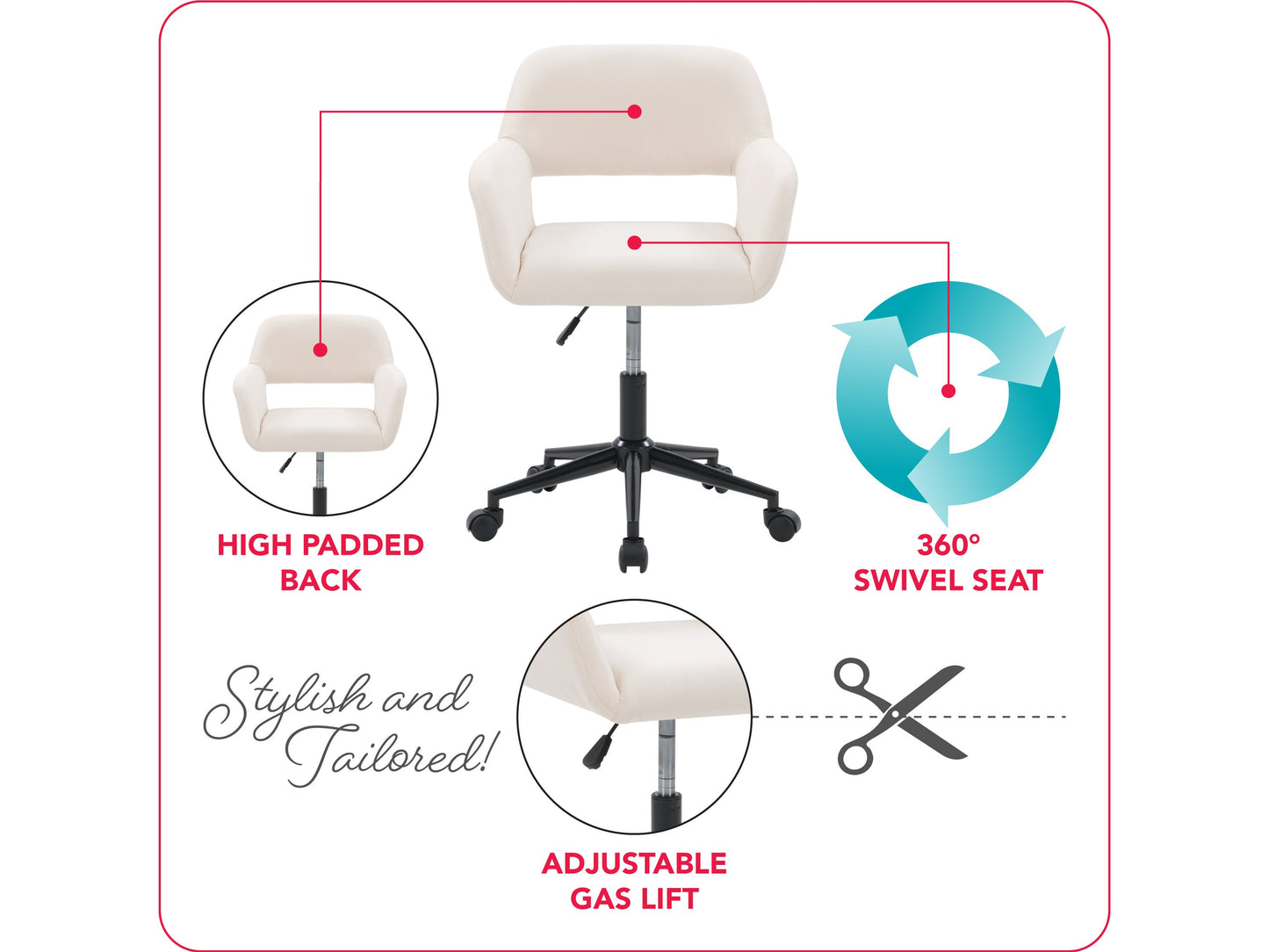 Alt Tag: Off-white task chair with open back, ergonomic design, cushioned seat, and adjustable height, perfect for office use.