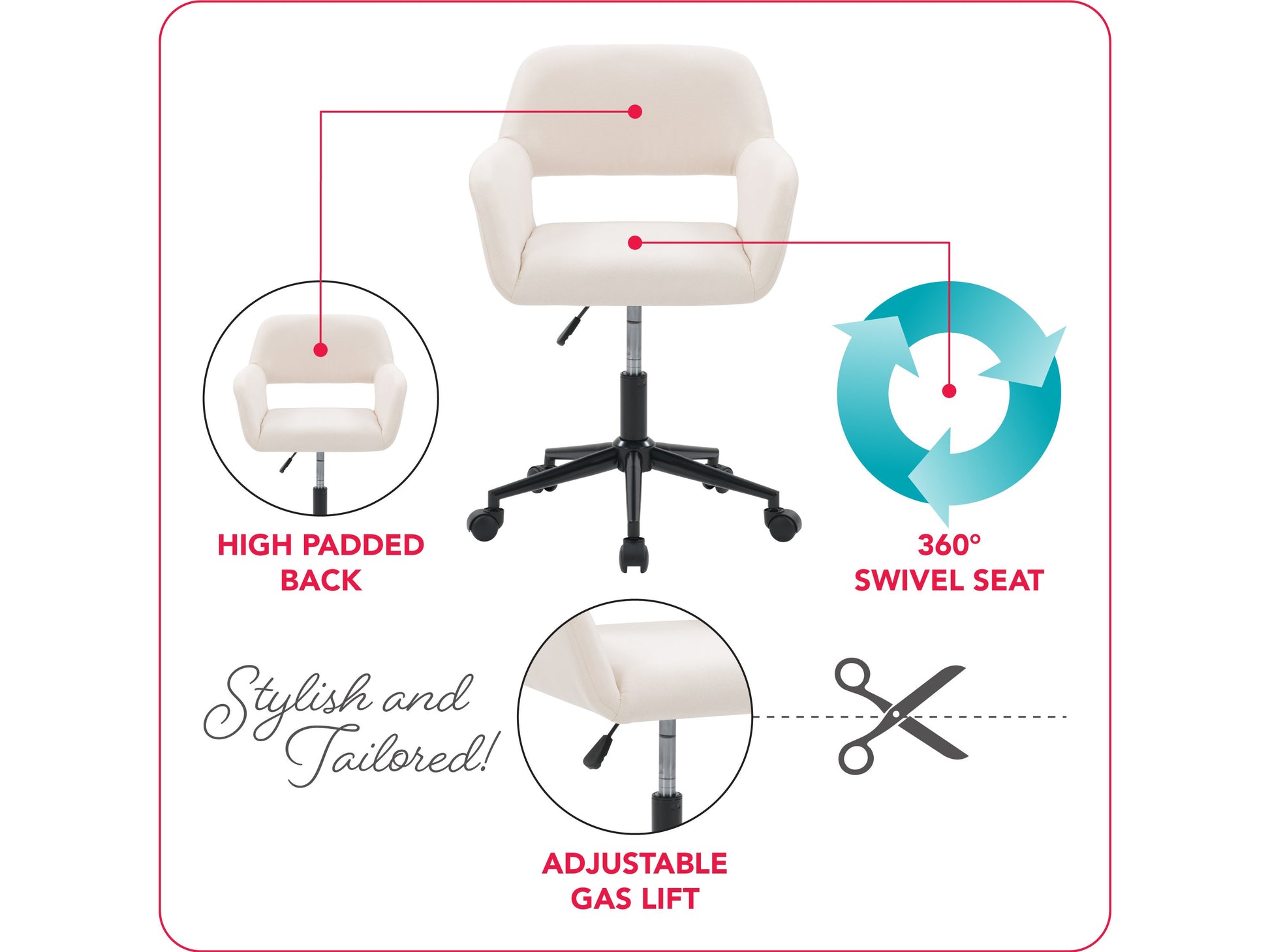 Alt Tag: Off-white task chair with open back, ergonomic design, cushioned seat, and adjustable height, perfect for office use.