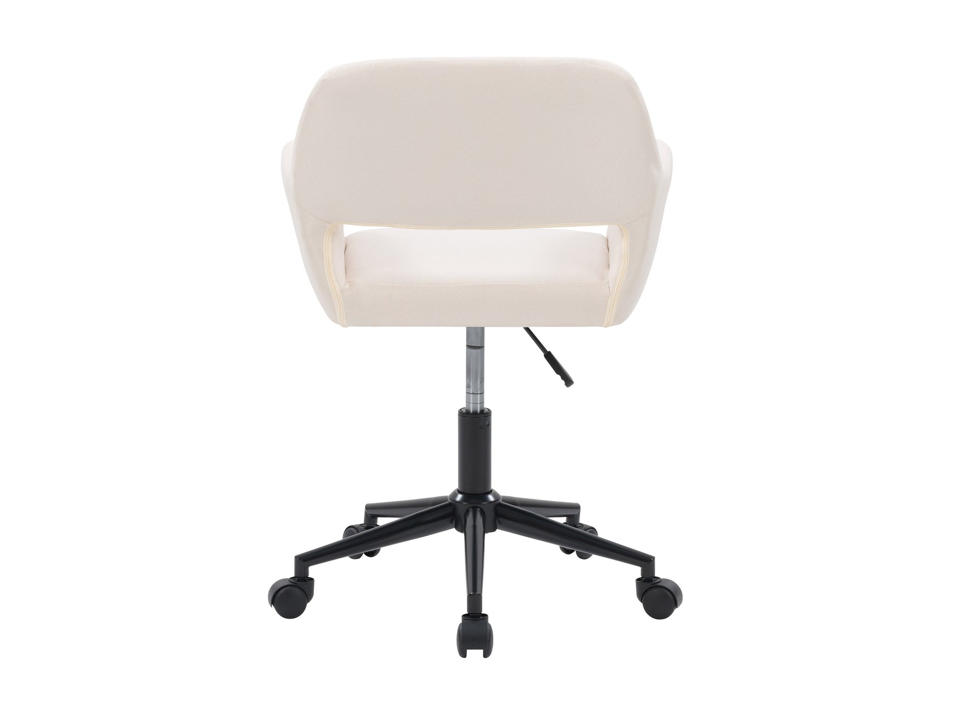 Alt Tag: Off-white task chair with open back, ergonomic design, cushioned seat, and adjustable height, perfect for office use.