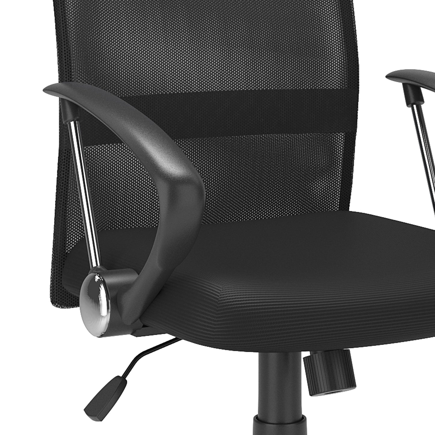 Gray fabric office chair with cushioned seat and backrest, black metal frame, and adjustable armrests. Ideal for modern office settings, ergonomic design ensures comfort and support during long working hours.