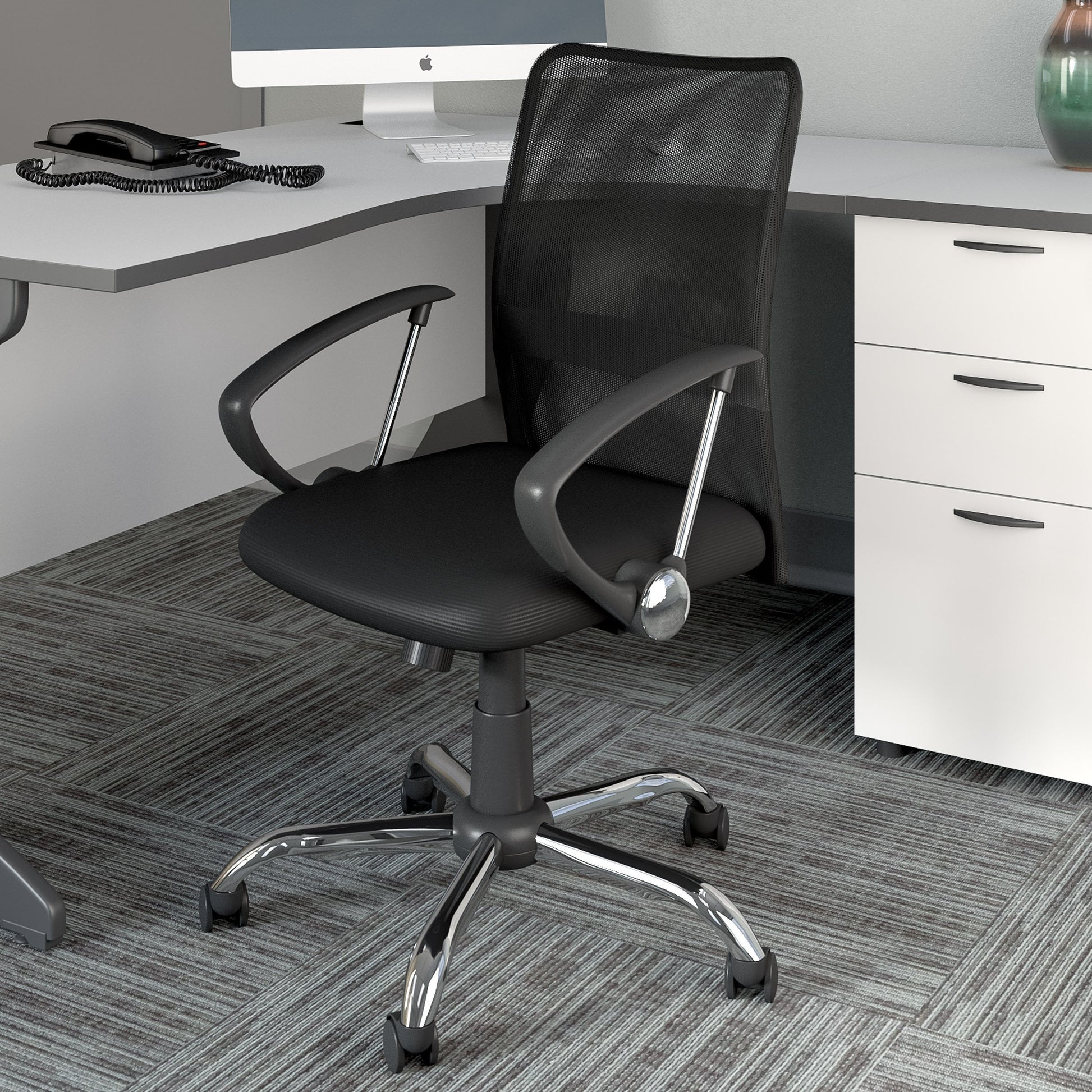 Gray fabric office chair with padded seat, ergonomic backrest, and adjustable height. Features a sleek black frame, five caster wheels, and a contemporary design suitable for modern office spaces.