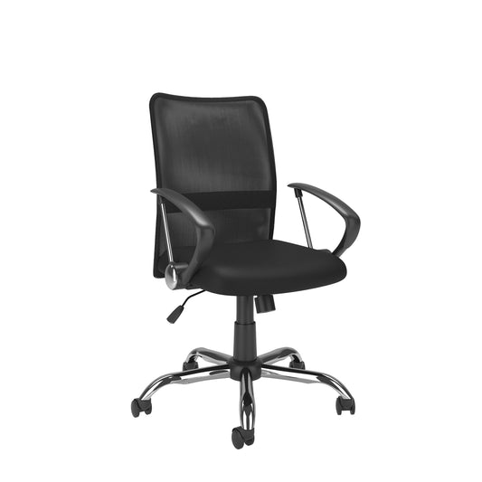 Ergonomic fabric office chair in light gray with cushioned seat and backrest, adjustable height, black metal frame, and five caster wheels for easy mobility.