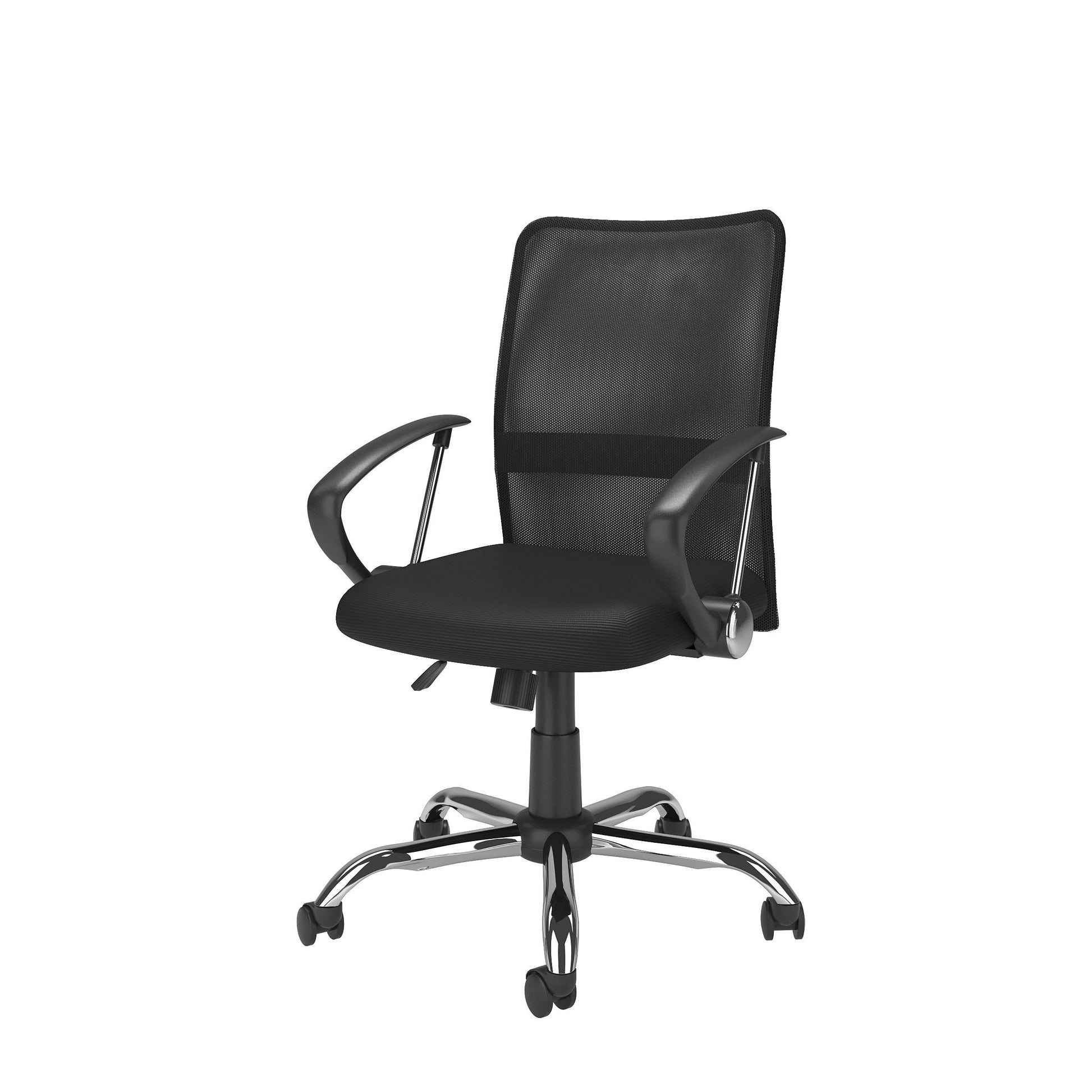 Modern fabric office chair with gray upholstery, ergonomic design, adjustable height, and cushioned seat and backrest, featuring sleek black armrests and a sturdy metal base with smooth-rolling casters.
