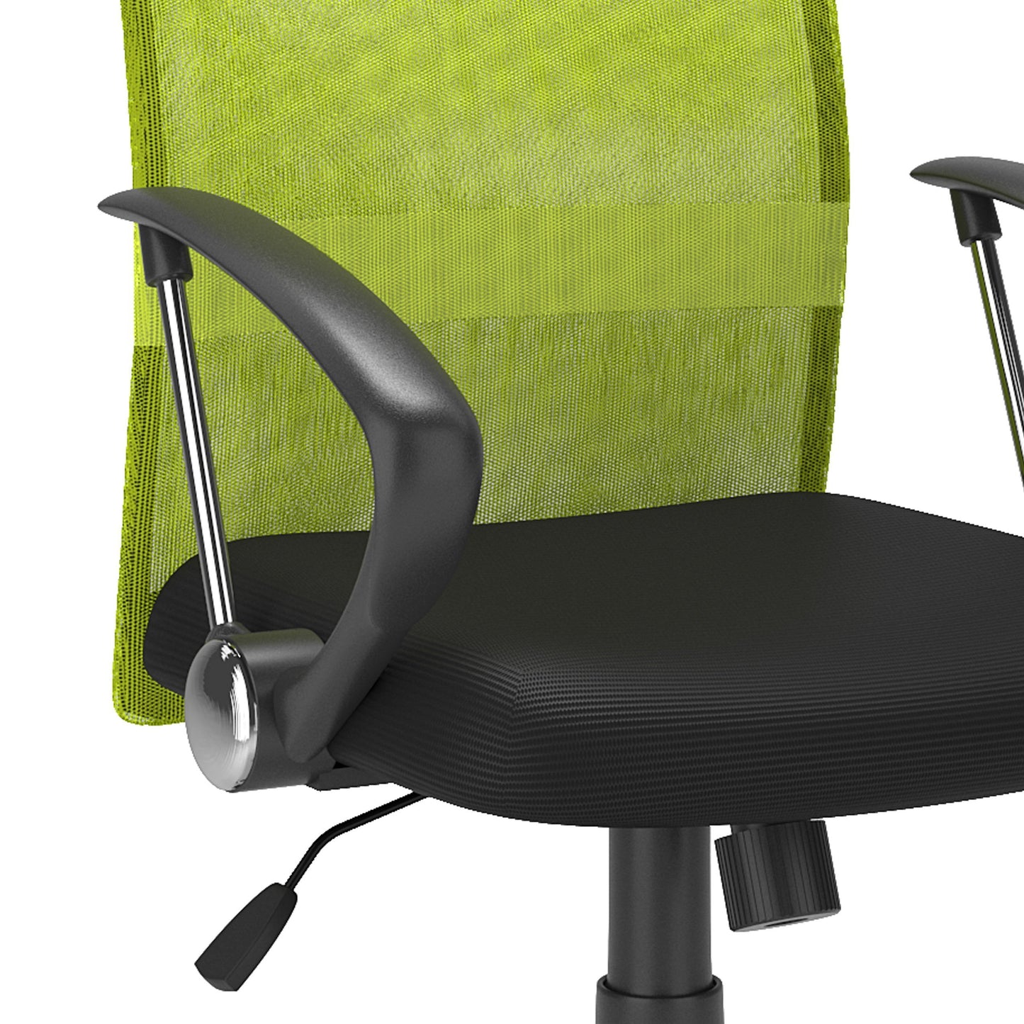 Lime green fabric office chair with ergonomic design, padded seat and backrest, black armrests and base, adjustable height, and swivel functionality. Ideal for modern home offices and workspaces.