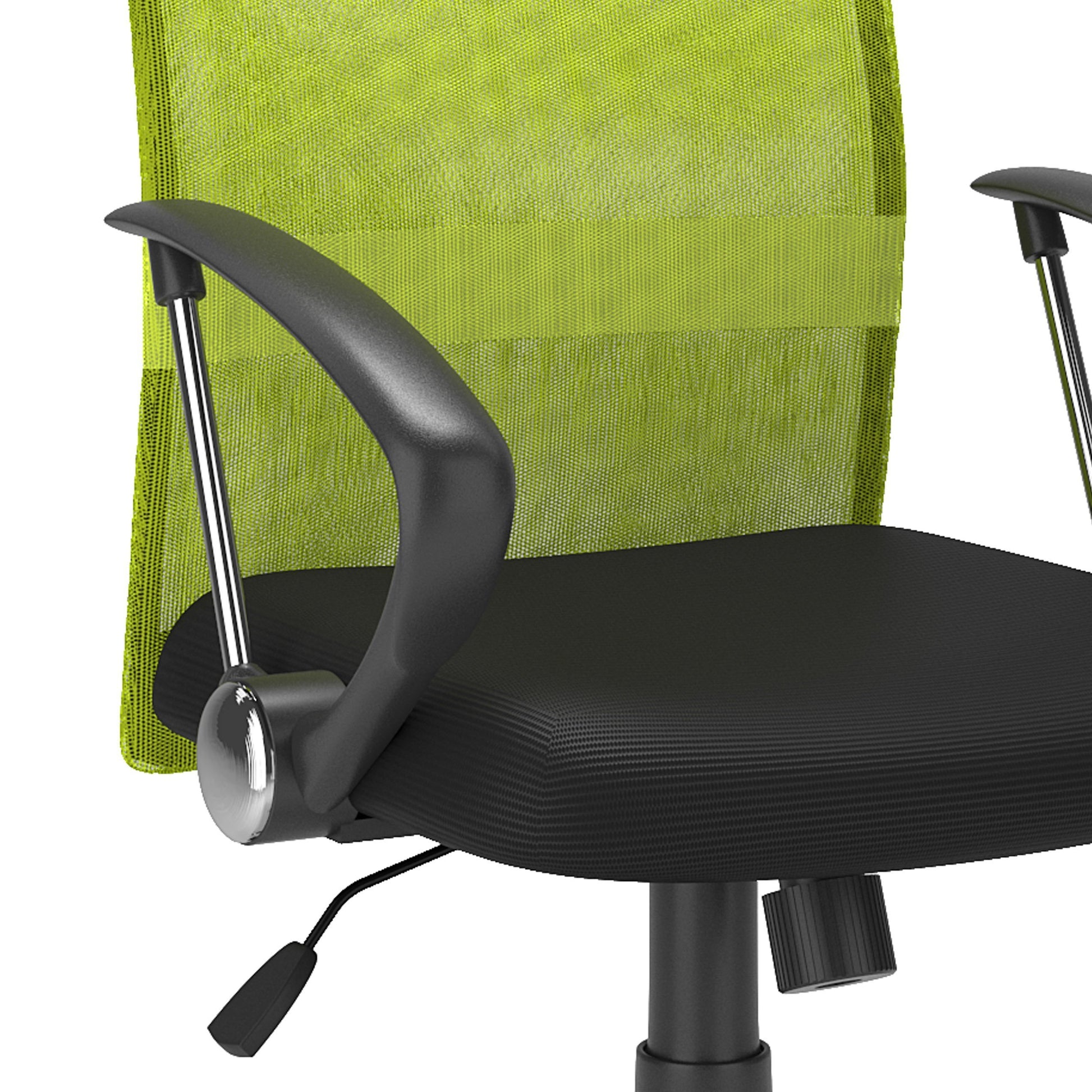 Lime green fabric office chair with ergonomic design, padded seat and backrest, black armrests and base, adjustable height, and swivel functionality. Ideal for modern home offices and workspaces.
