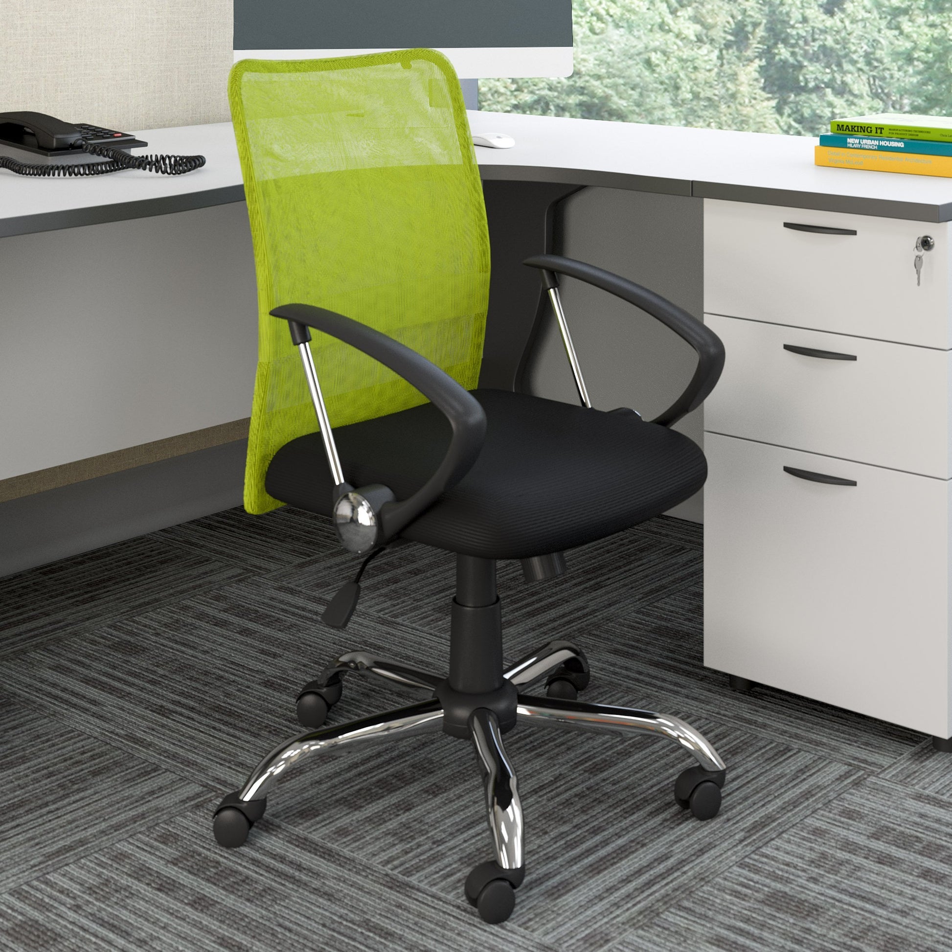Lime green fabric office chair with ergonomic design, padded seat and backrest, black armrests and base, adjustable height, and swivel functionality. Ideal for modern home offices and workspaces.