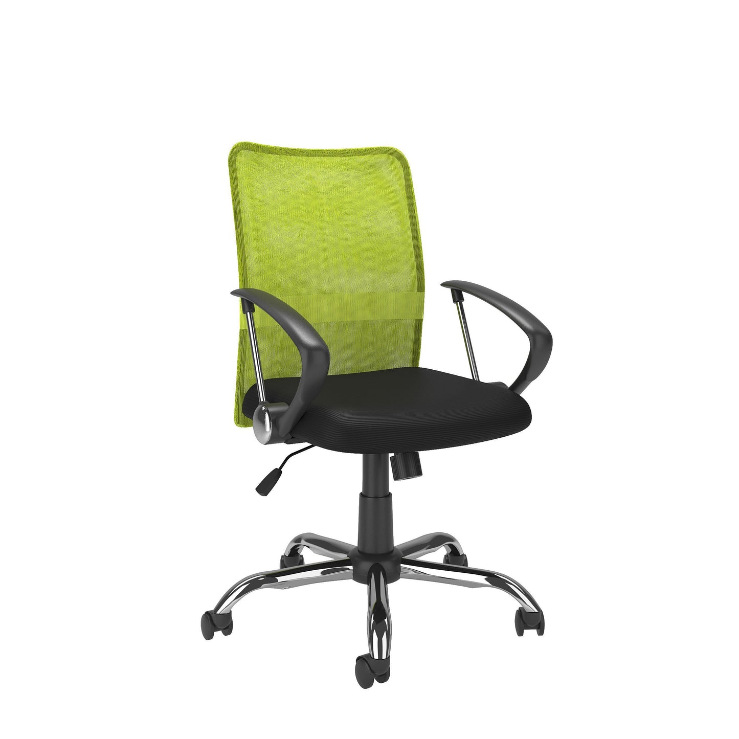 Lime green fabric office chair with ergonomic design, padded seat and backrest, black armrests and base, adjustable height, and swivel functionality. Ideal for modern home offices and workspaces.