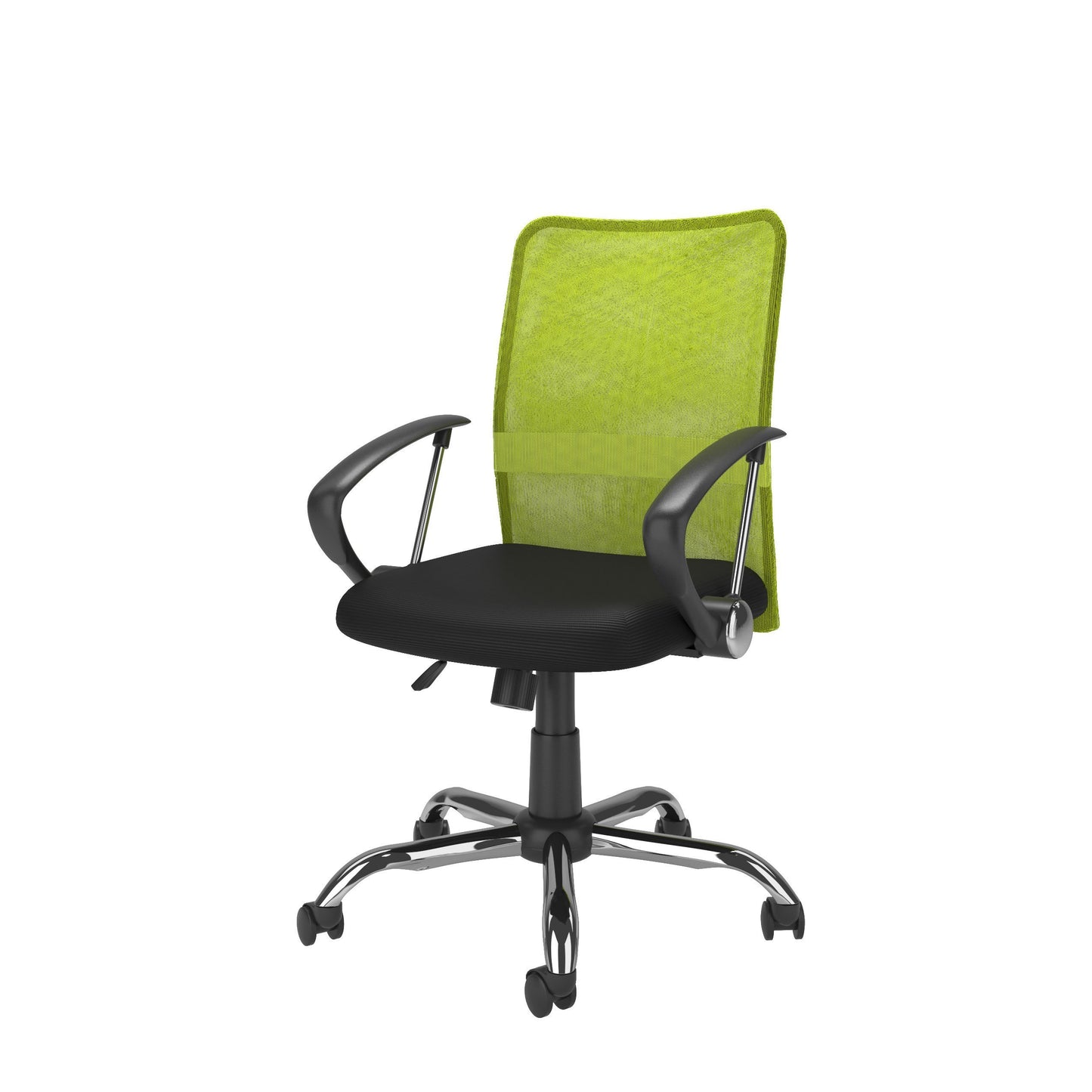 Lime green fabric office chair with ergonomic design, padded seat and backrest, black armrests and base, adjustable height, and swivel functionality. Ideal for modern home offices and workspaces.