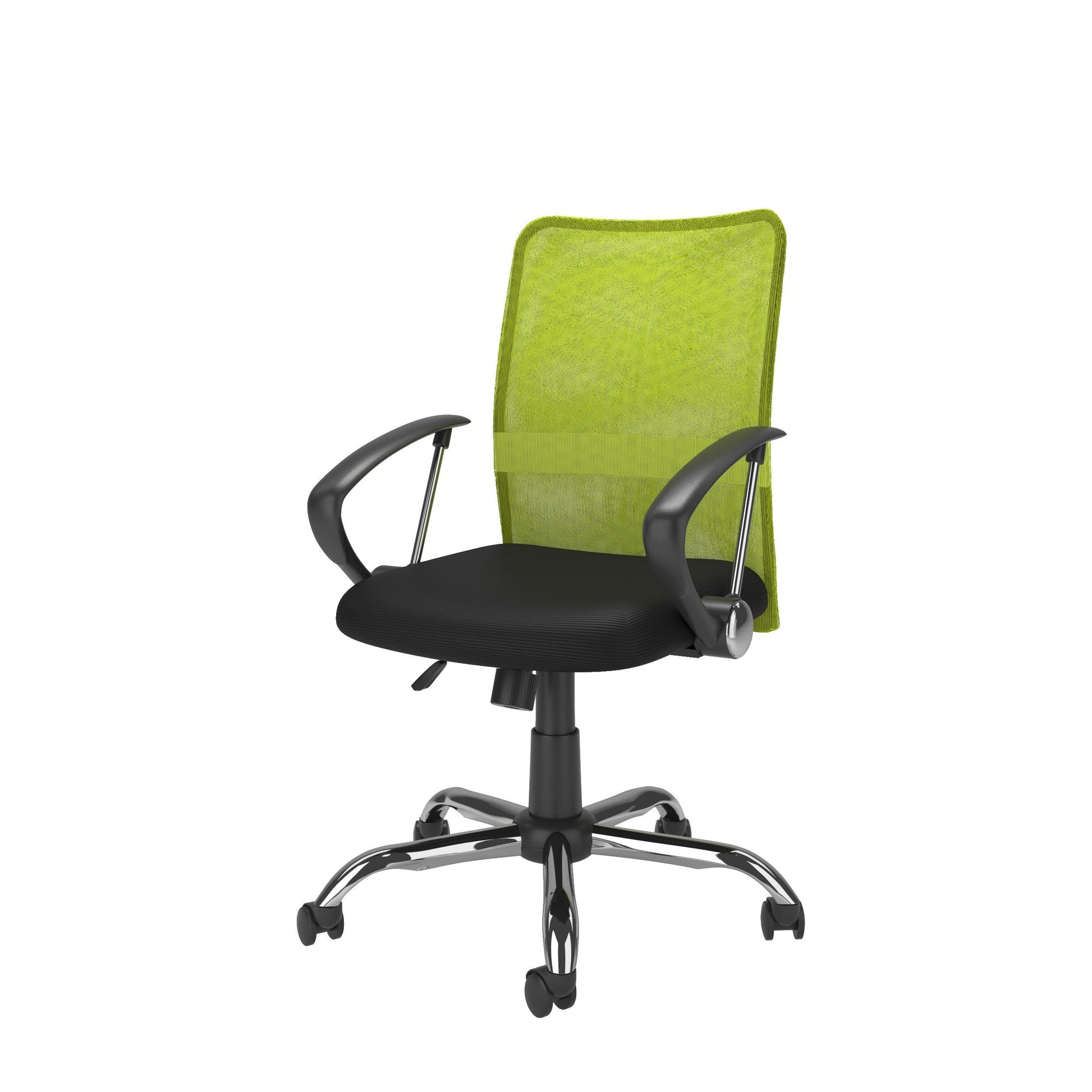 Lime green fabric office chair with ergonomic design, padded seat and backrest, black armrests and base, adjustable height, and swivel functionality. Ideal for modern home offices and workspaces.