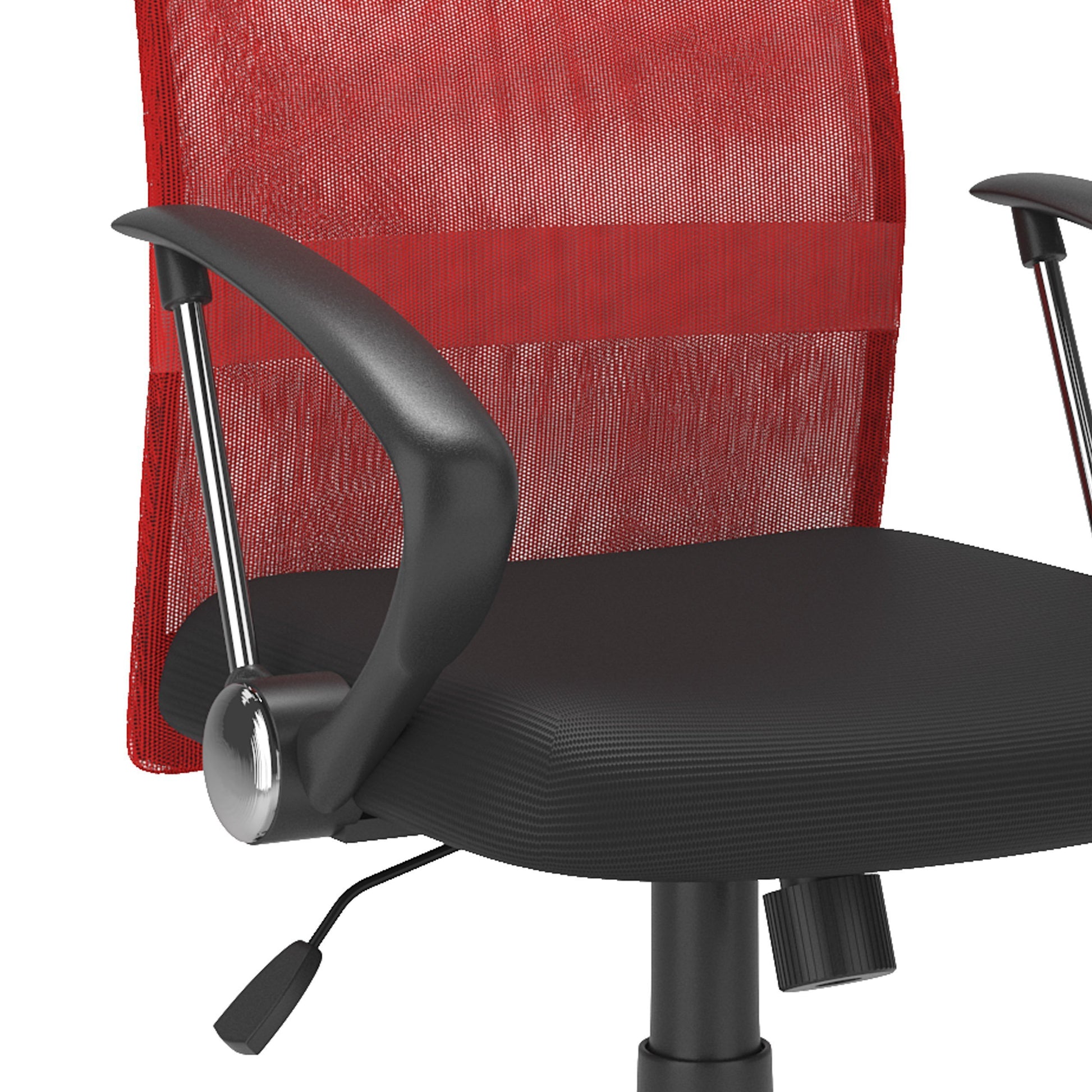 Red fabric office chair with ergonomic design, padded seat, adjustable armrests, and lumbar support. Features a high backrest, swivel base, and smooth-rolling casters. Ideal for home or office use.