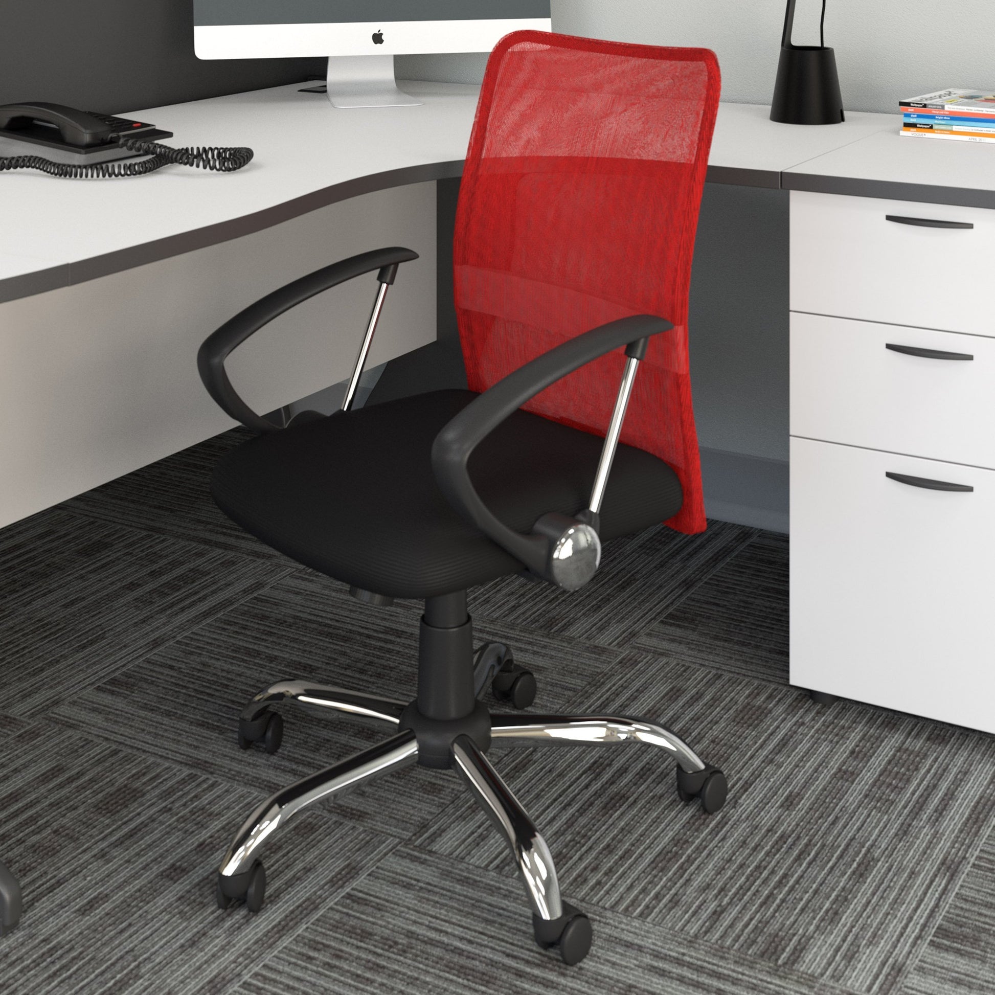 Red fabric office chair with ergonomic design, padded seat, adjustable armrests, and lumbar support. Features a high backrest, swivel base, and smooth-rolling casters. Ideal for home or office use.