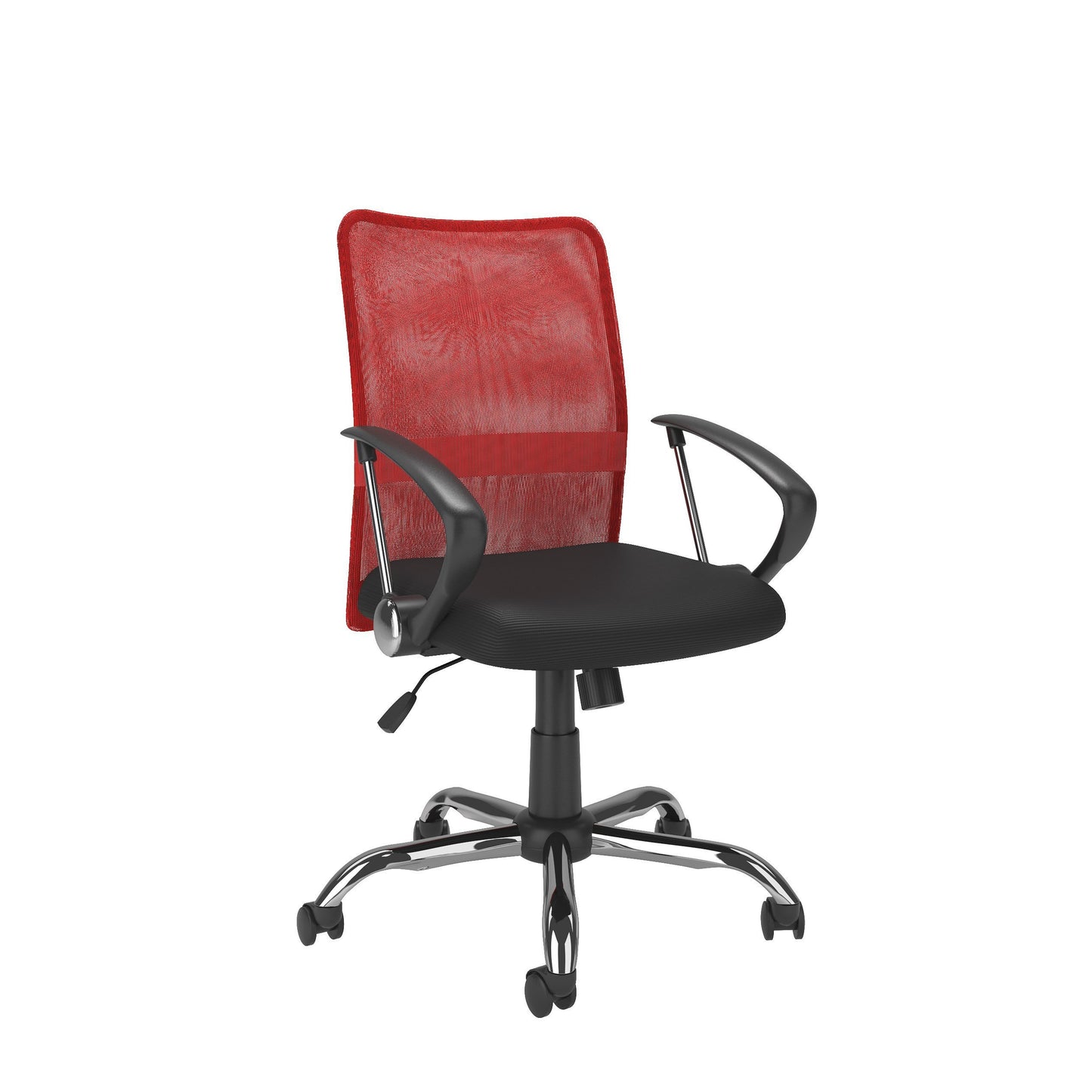Red fabric office chair with ergonomic design, padded seat, adjustable armrests, and lumbar support. Features a high backrest, swivel base, and smooth-rolling casters. Ideal for home or office use.