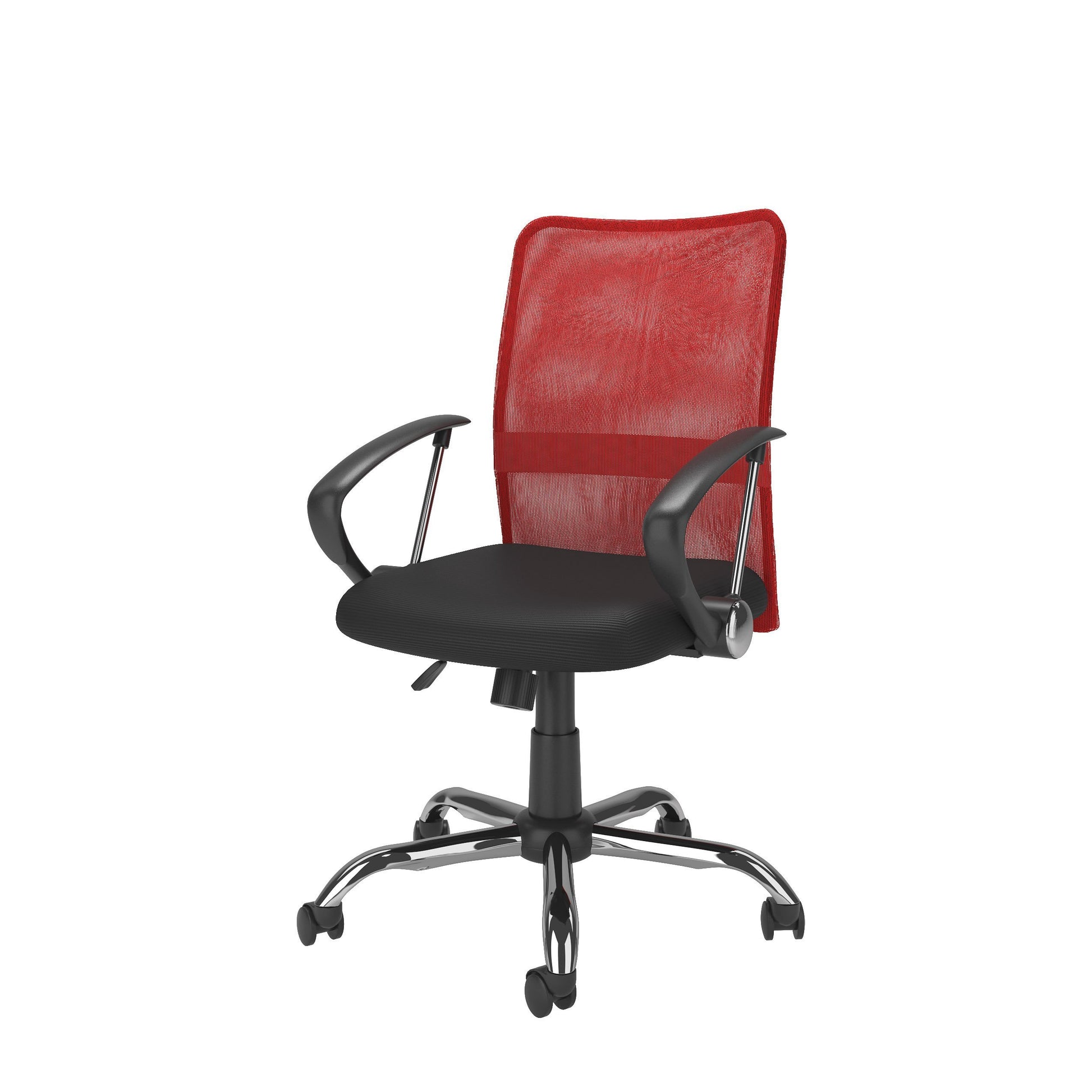 Red fabric office chair with ergonomic design, padded seat, adjustable armrests, and lumbar support. Features a high backrest, swivel base, and smooth-rolling casters. Ideal for home or office use.