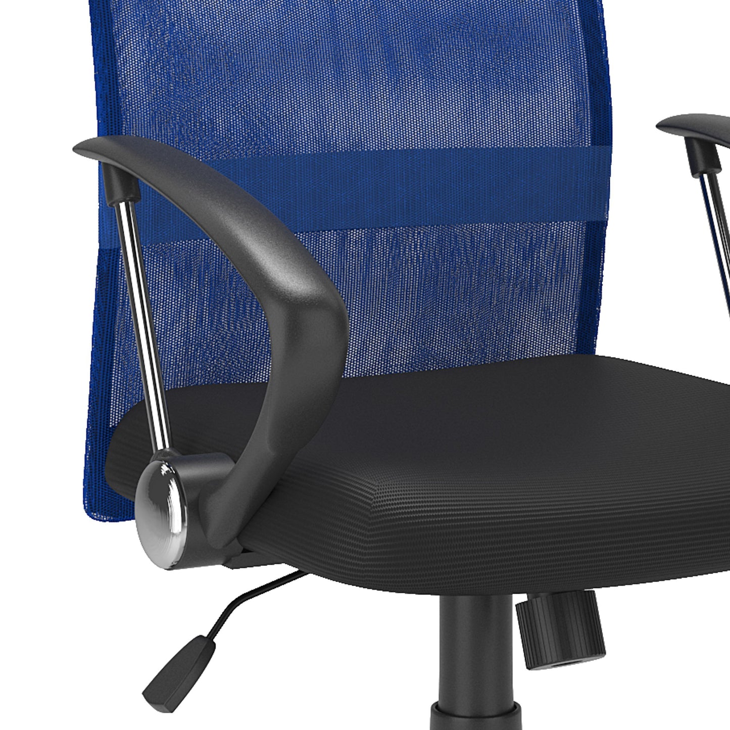 Blue fabric office chair with ergonomic design, cushioned seat, high backrest, and adjustable armrests. Features a sturdy metal base with smooth-rolling casters, perfect for home or office use.