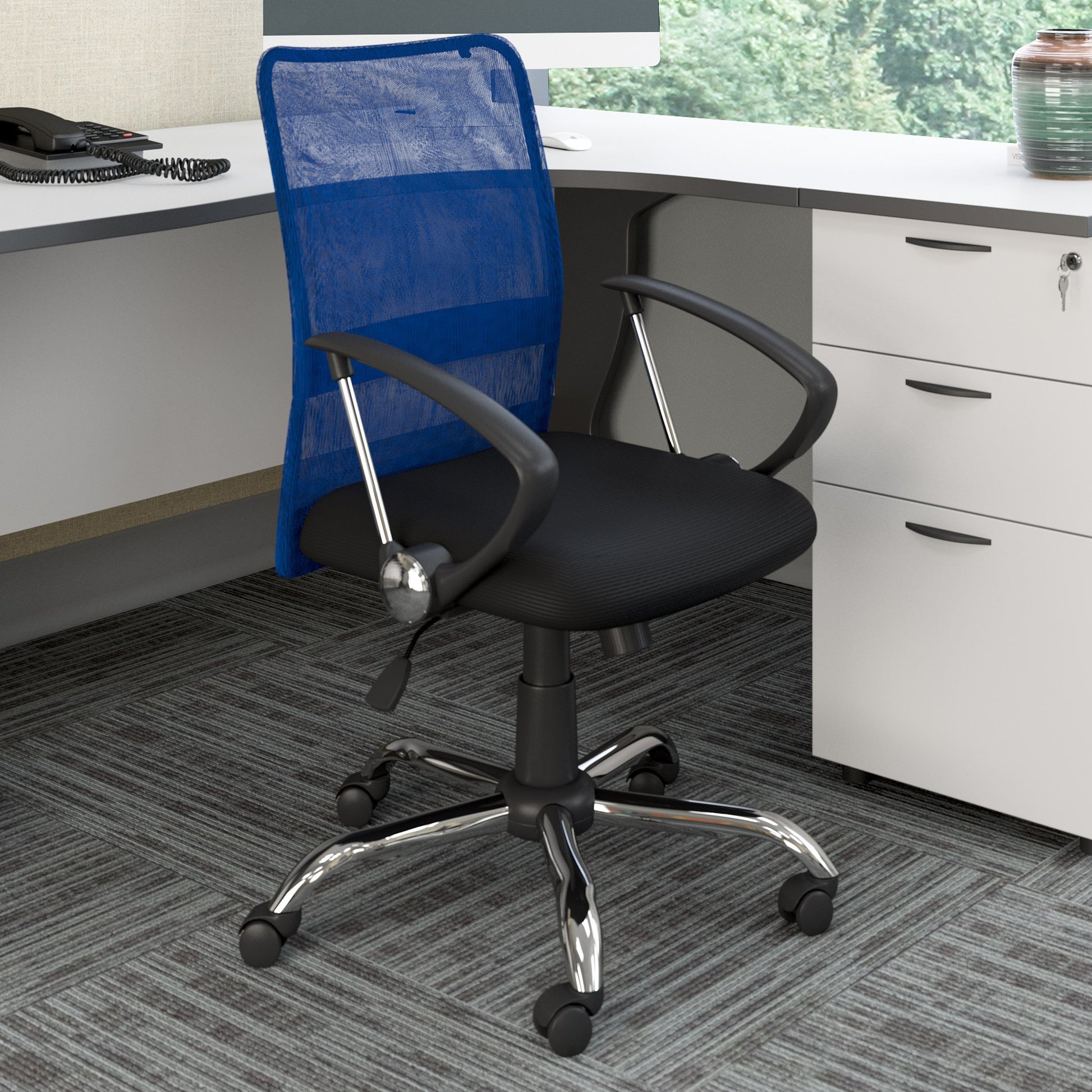 Blue fabric office chair with ergonomic design, cushioned seat, high backrest, and adjustable armrests. Features a sturdy metal base with smooth-rolling casters, perfect for home or office use.