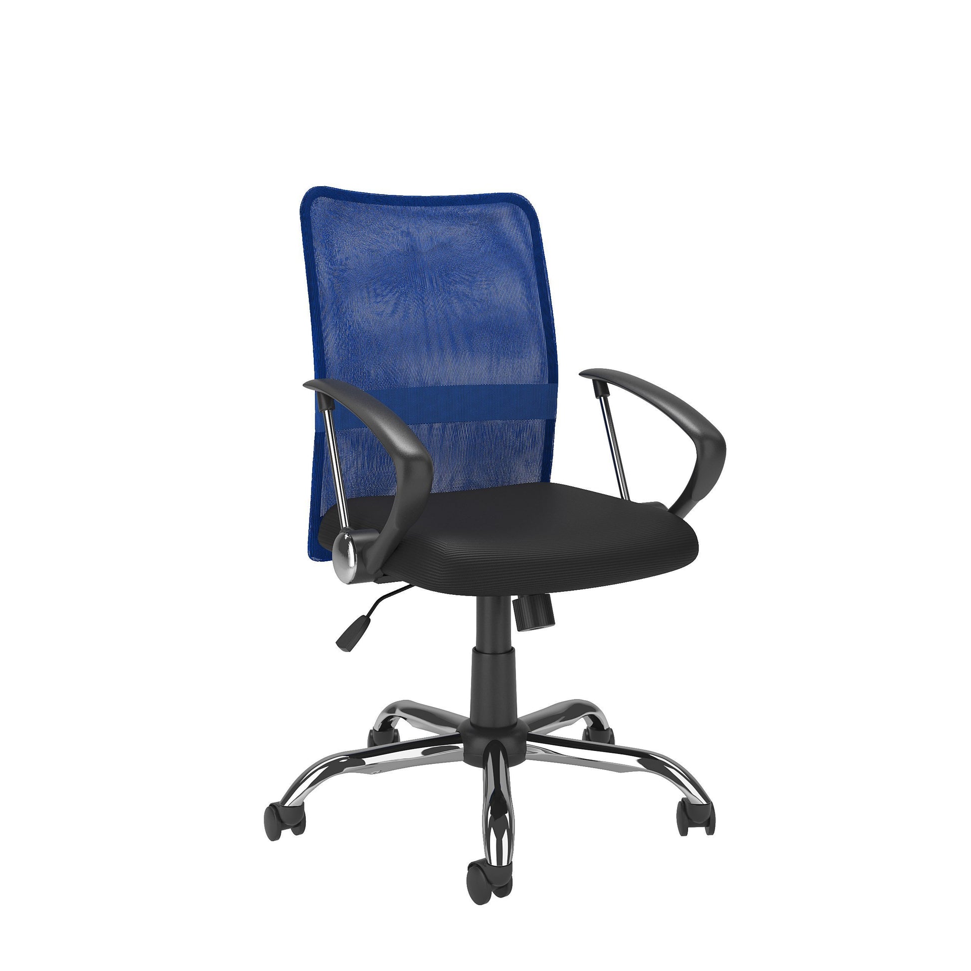 Blue fabric office chair with ergonomic design, cushioned seat, high backrest, and adjustable armrests. Features a sturdy metal base with smooth-rolling casters, perfect for home or office use.