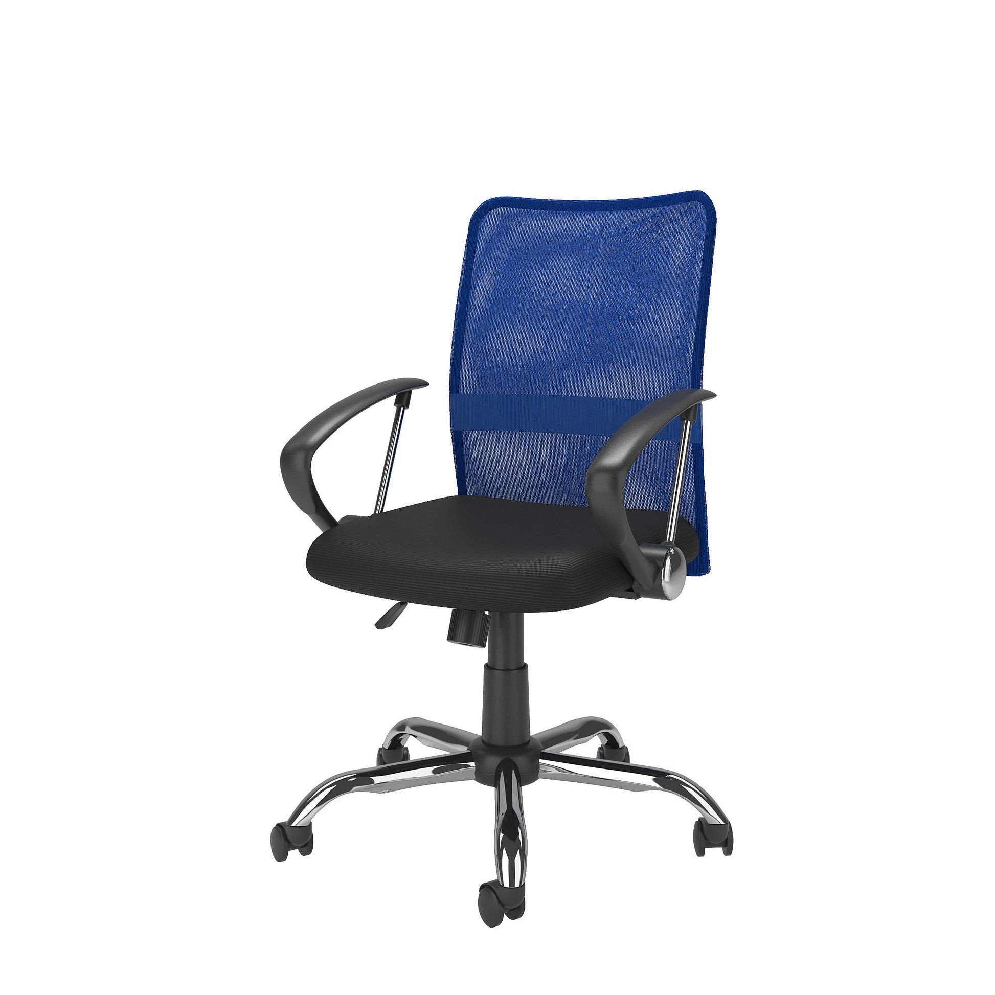 Blue fabric office chair with ergonomic design, cushioned seat, high backrest, and adjustable armrests. Features a sturdy metal base with smooth-rolling casters, perfect for home or office use.