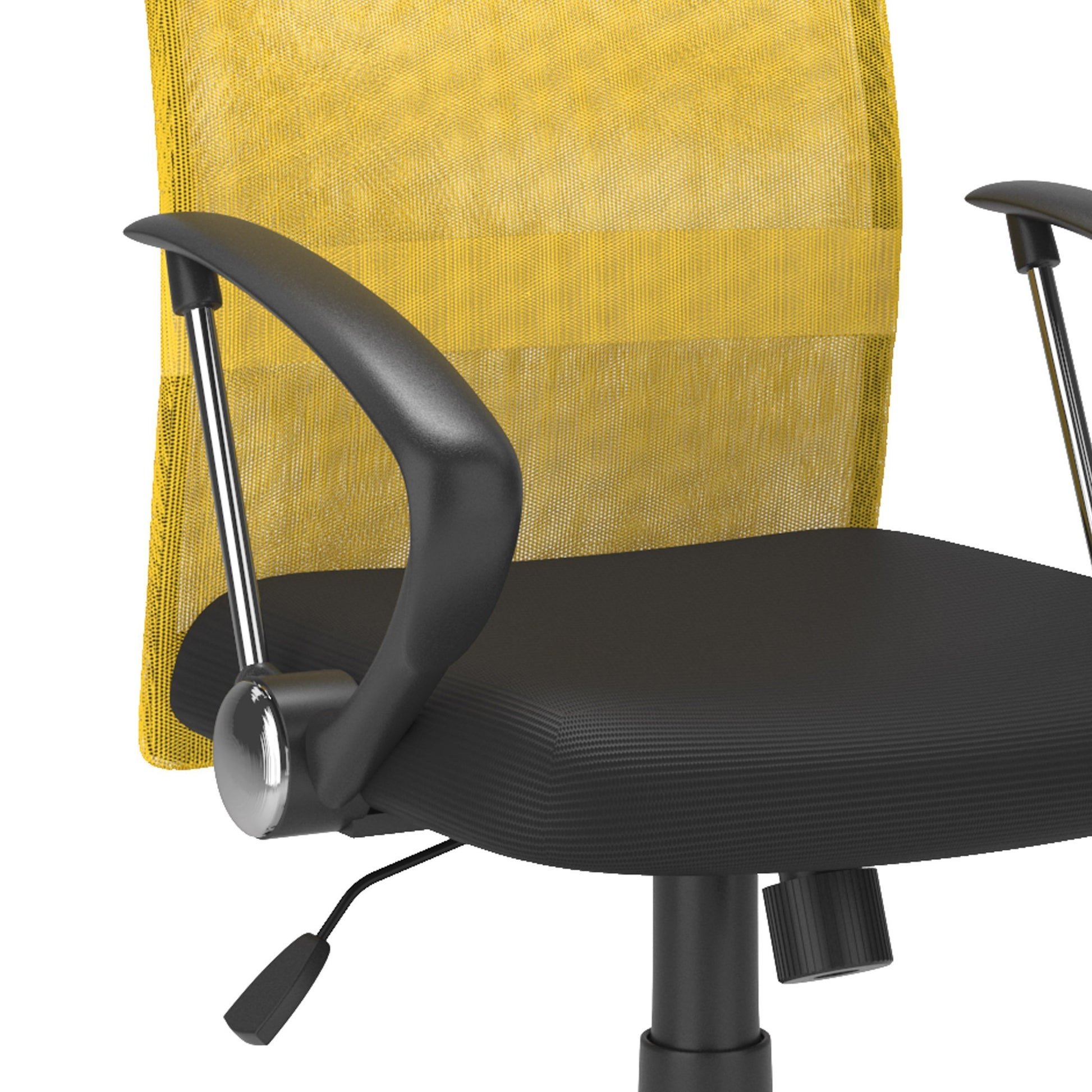 Yellow fabric office chair with ergonomic design, adjustable height, cushioned seat, and lumbar support. Ideal for home office or workspace.