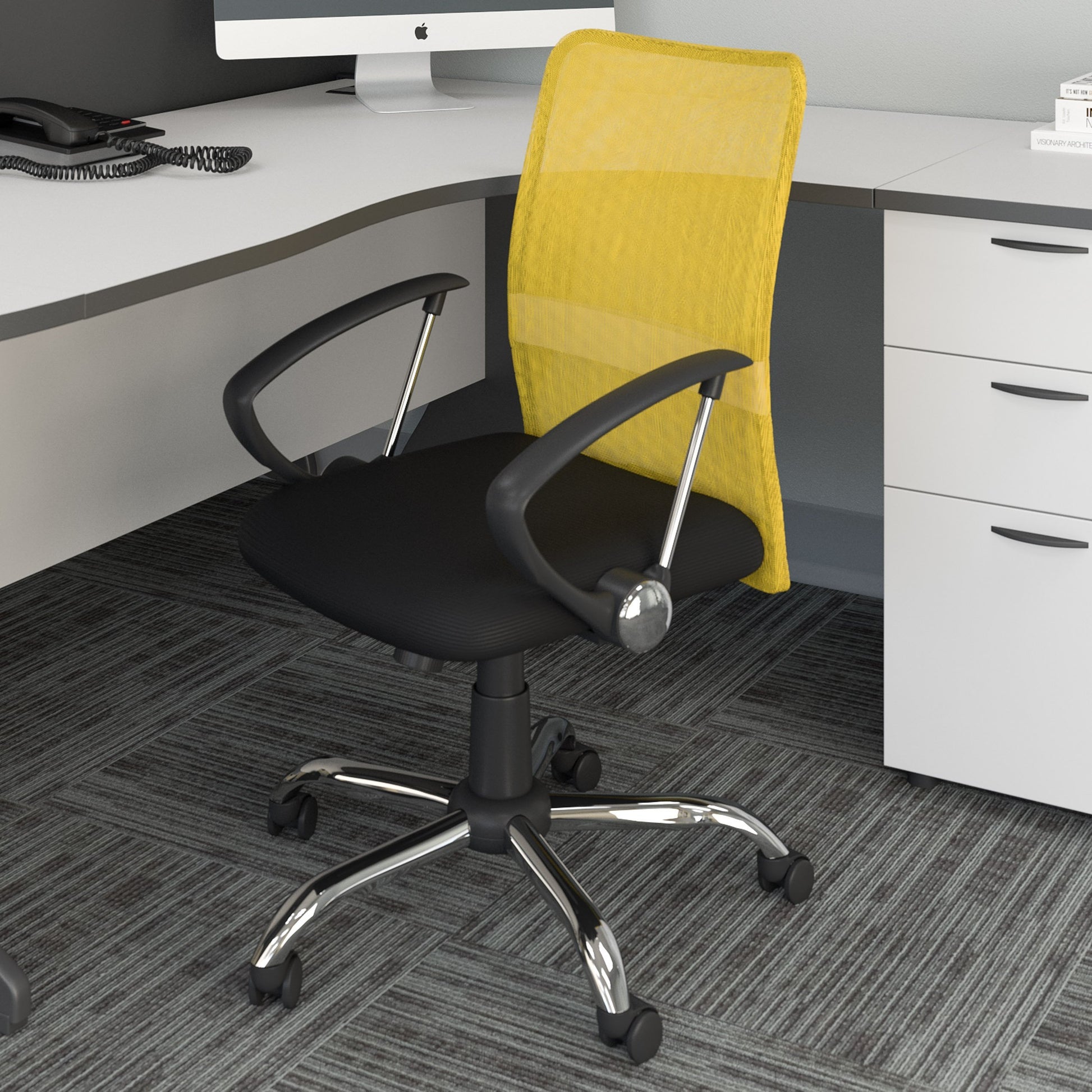 Yellow fabric office chair with ergonomic design, adjustable height, cushioned seat, and lumbar support. Ideal for home office or workspace.