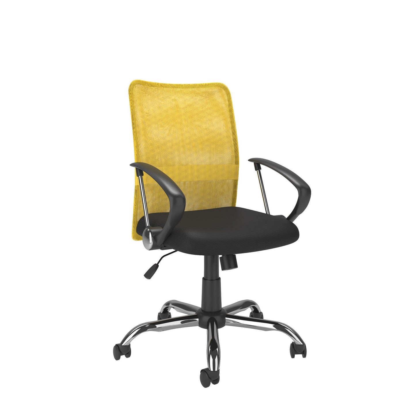 Yellow fabric office chair with ergonomic design, adjustable height, cushioned seat, and lumbar support. Ideal for home office or workspace.