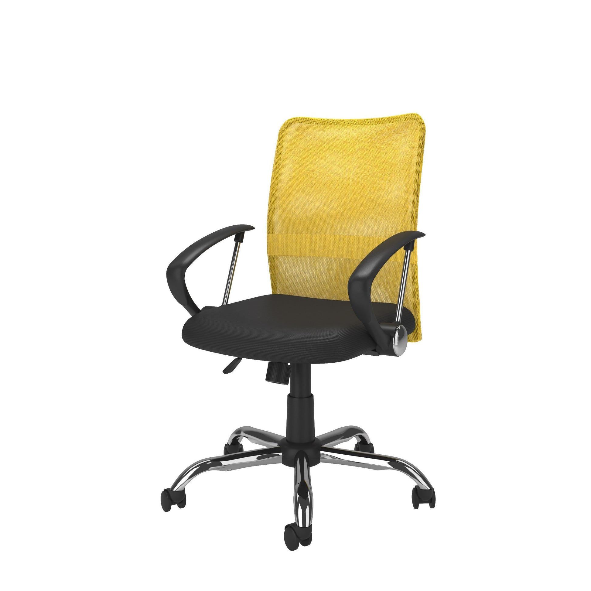 Yellow fabric office chair with ergonomic design, adjustable height, cushioned seat, and lumbar support. Ideal for home office or workspace.